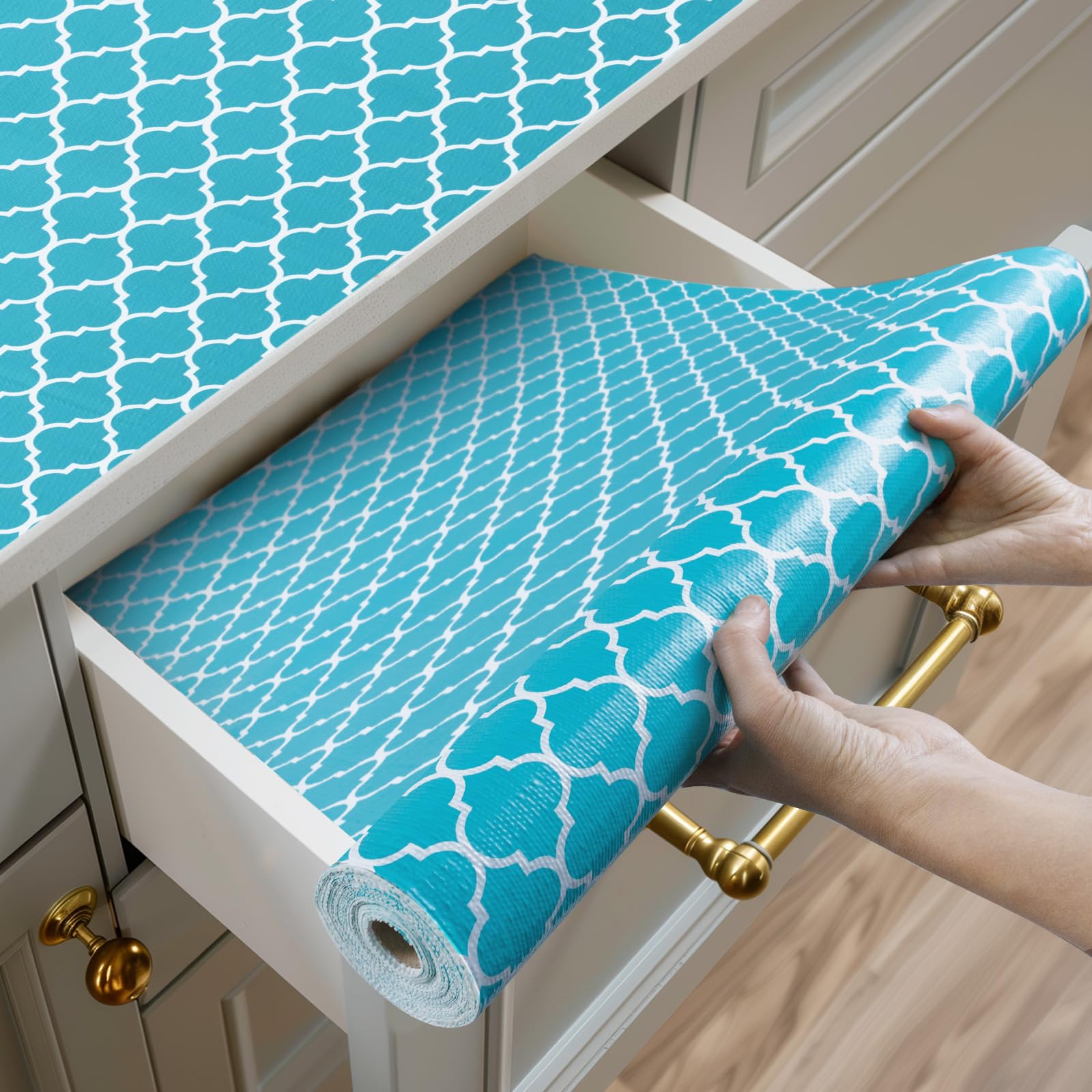 shelf and drawer liner for kitchen cabinets non-adhesive, strong grip non-slip thickened cabinet liners for shelves, waterproof mats for dresser cupboard, green/white, 23 in x 30 feet