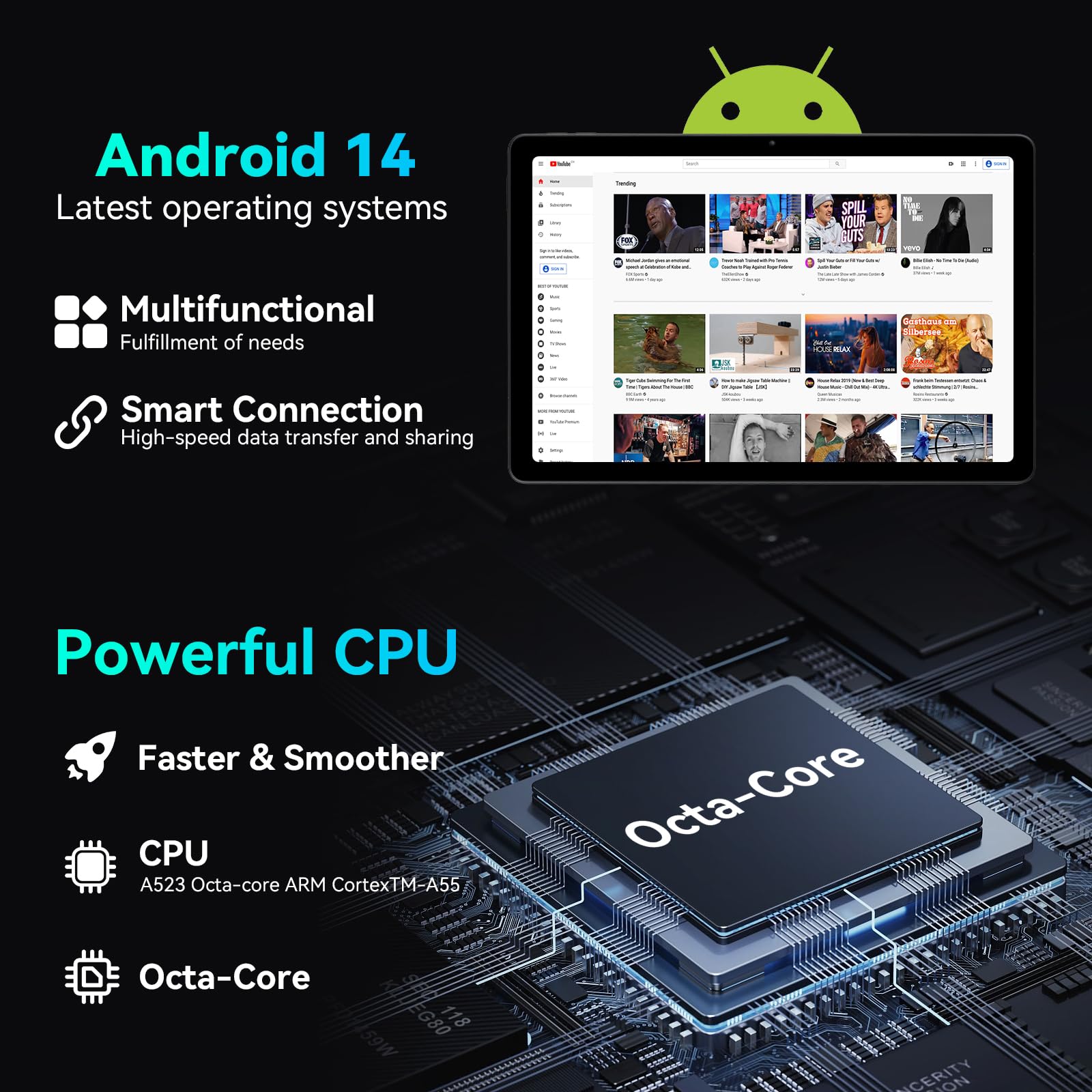 Tablet Android14 11 pollici 10 GB di RAM e 128 GB di ROM (TF 1TB espandibile) Processore octa-core 5MP+8MP Doppi altoparlanti Widevine L1+WiFi 6+Bluetooth 5.3 1280*800 HD Batteria 6800mAh (Nero)