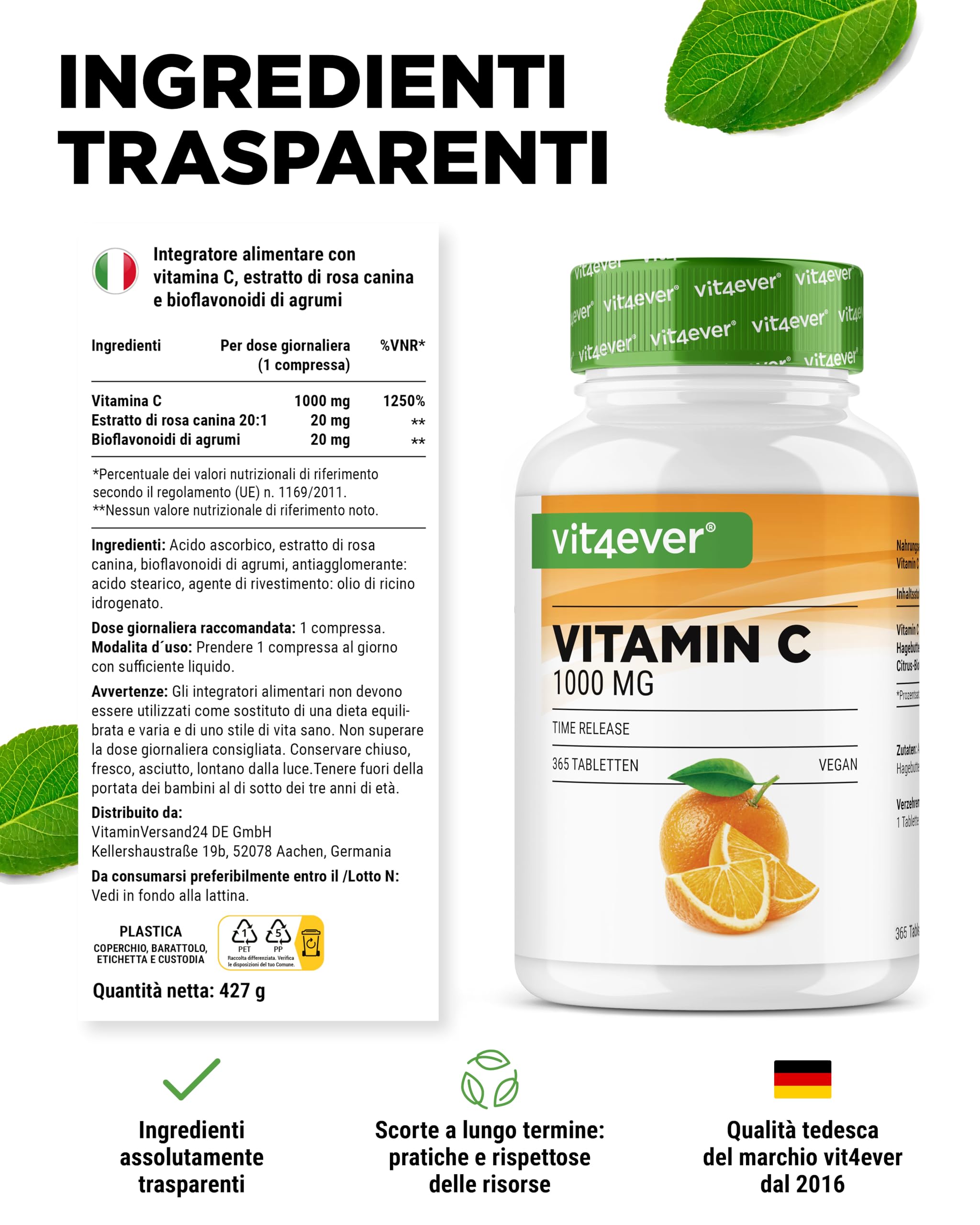 Vitamina C 1000mg - 365 compresse in un anno di fornitura - Effetto Rilasciato nel Tempo - Vitamina C + Estratto di Rosa Canina + Bioflavonoidi di Agrumi - Vegan
