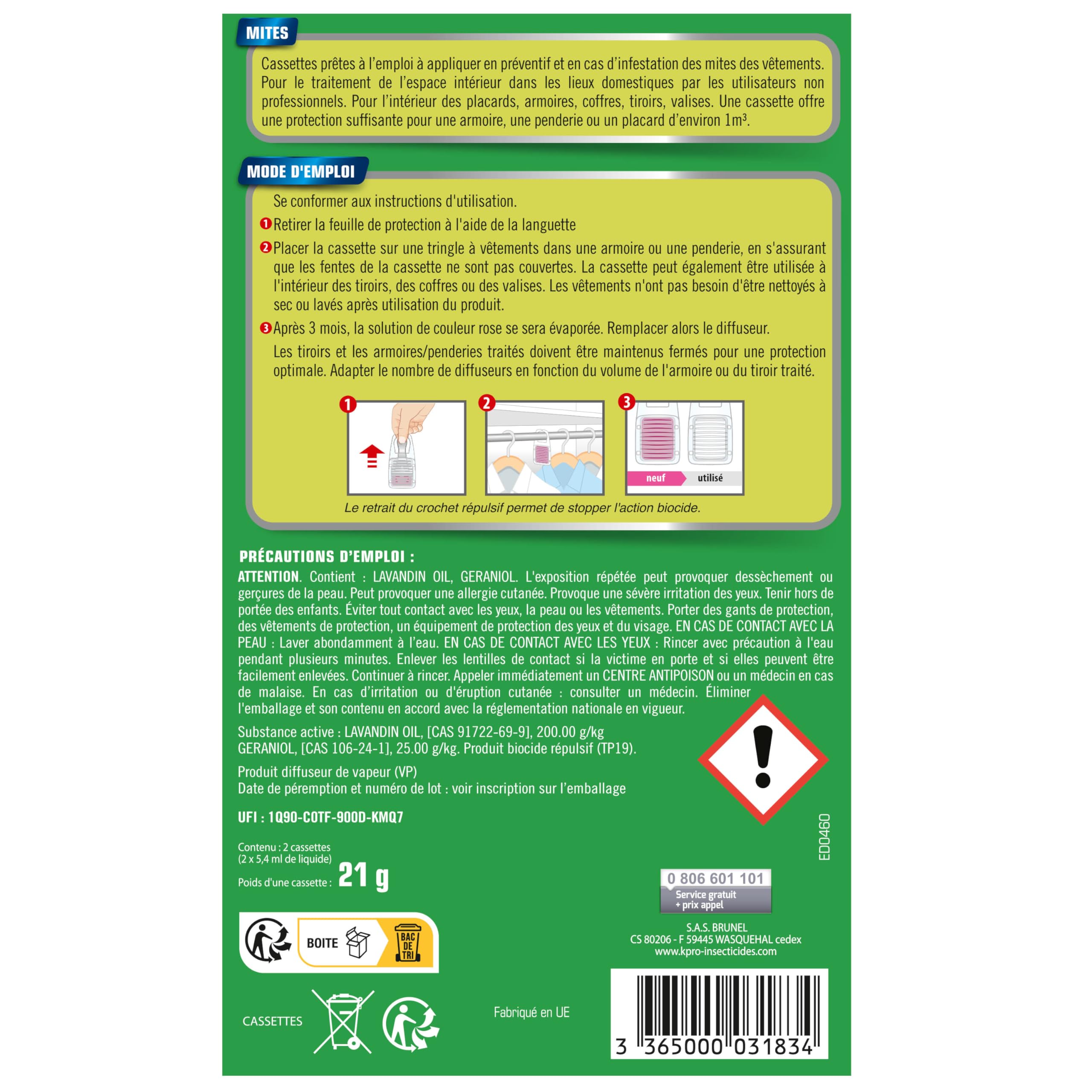 K.PRO Cassettes répulsives mites et larves des vêtements, lot de 2, jusqu'à 6 mois de protection, témoin visuel d'utilisation, armoires tiroirs et dressing