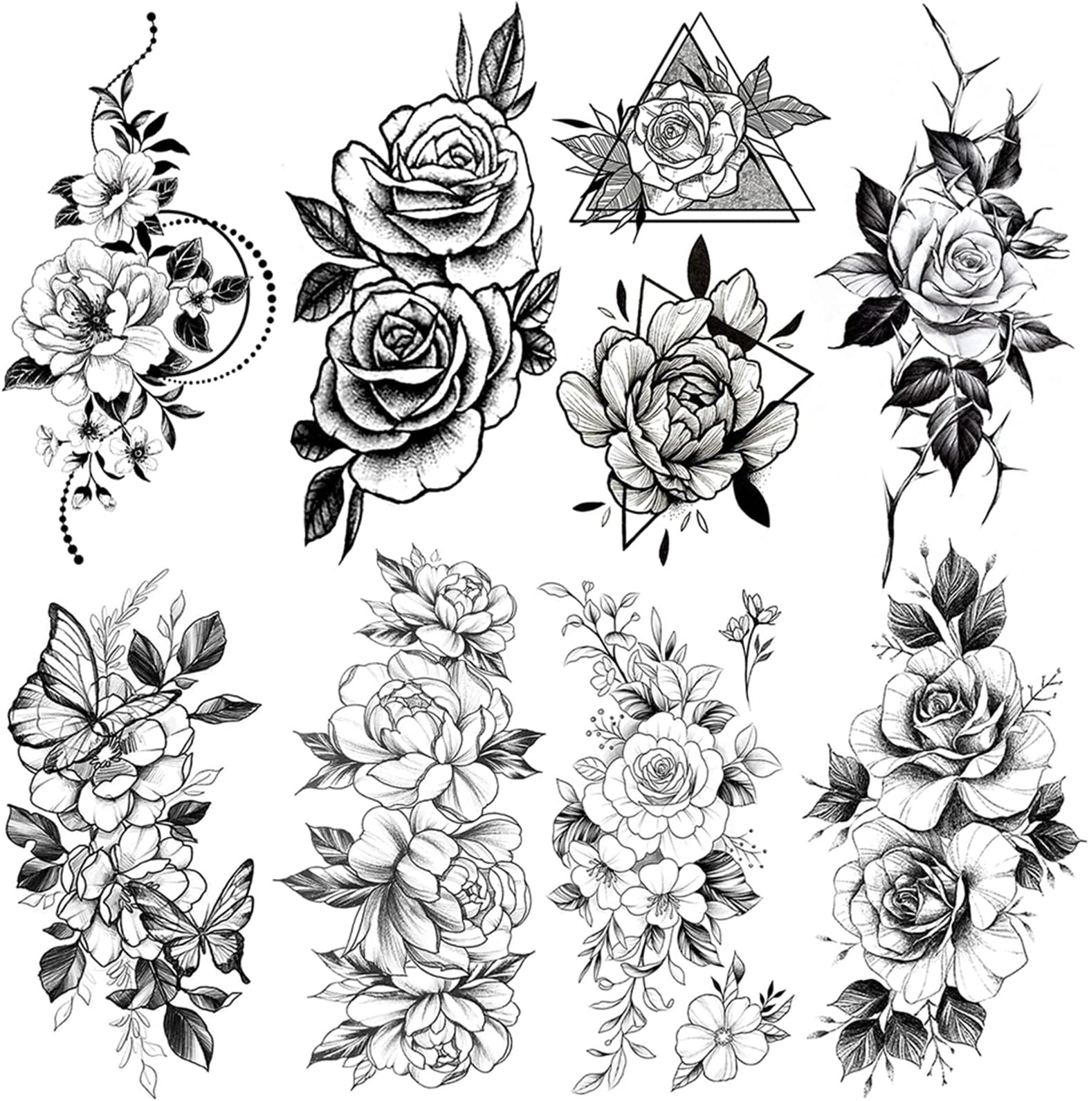 DAYONG 8 Sheets 3D Big Flowers Temporary Tattoos, Waterproof Fake Tattoos Rose Peony Body Art Arm Sketch Tattoo Stickers for Women, Girls (Flower1)