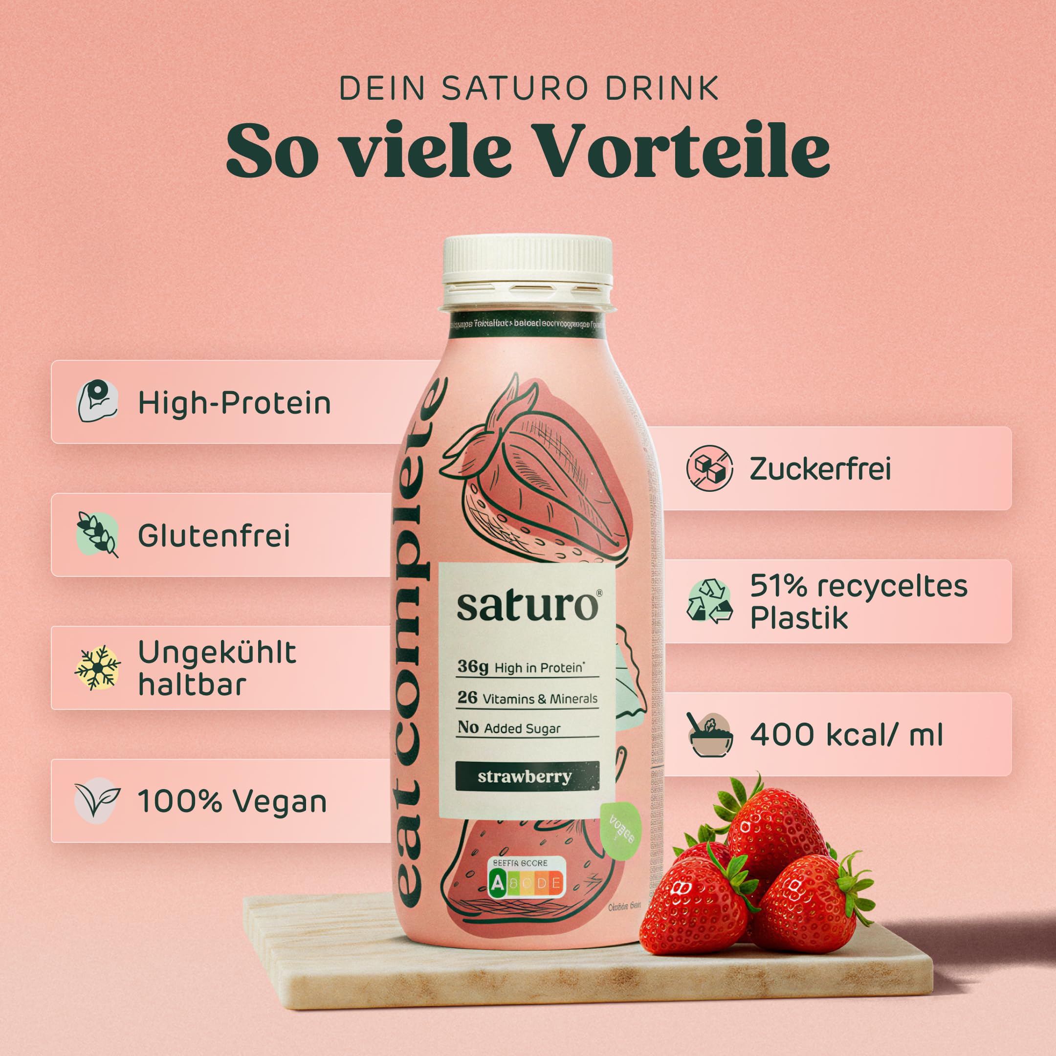 Saturo Astronautennahrung Strawberry | Trinkmahlzeit | 36 g Protein, zuckerfrei, 400 kcal | Trinknahrung Mit Wertvollen Nährstoffen | 6 x 400 ml