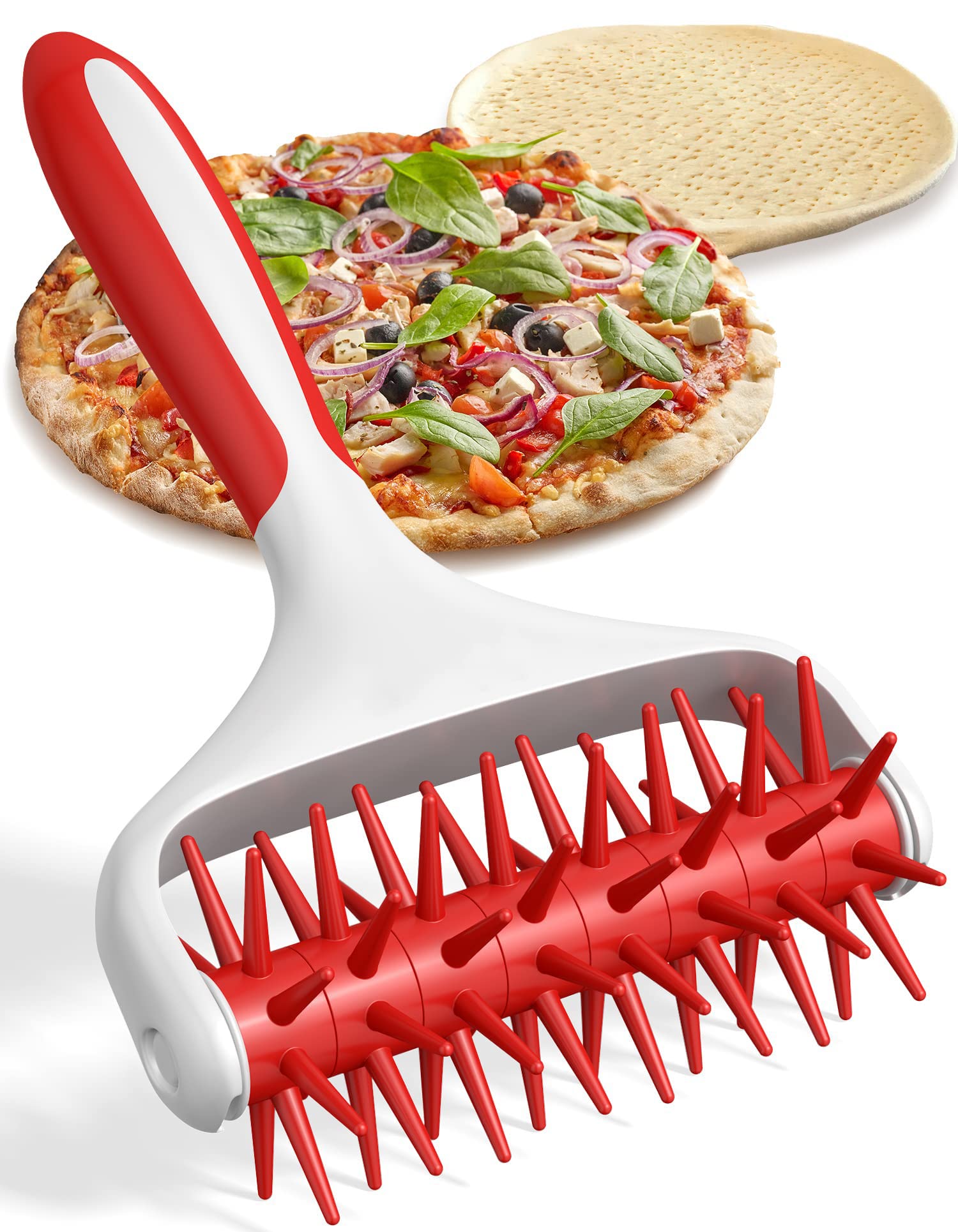 NALACAL Pizza Dough Roller and Docker Set, Pizza Docking Tool for Home & Commercial Kitchen - Pizza Making Accessories That Prevent Dough from Blistering, Time-saver Pizza Dough Docker, Red