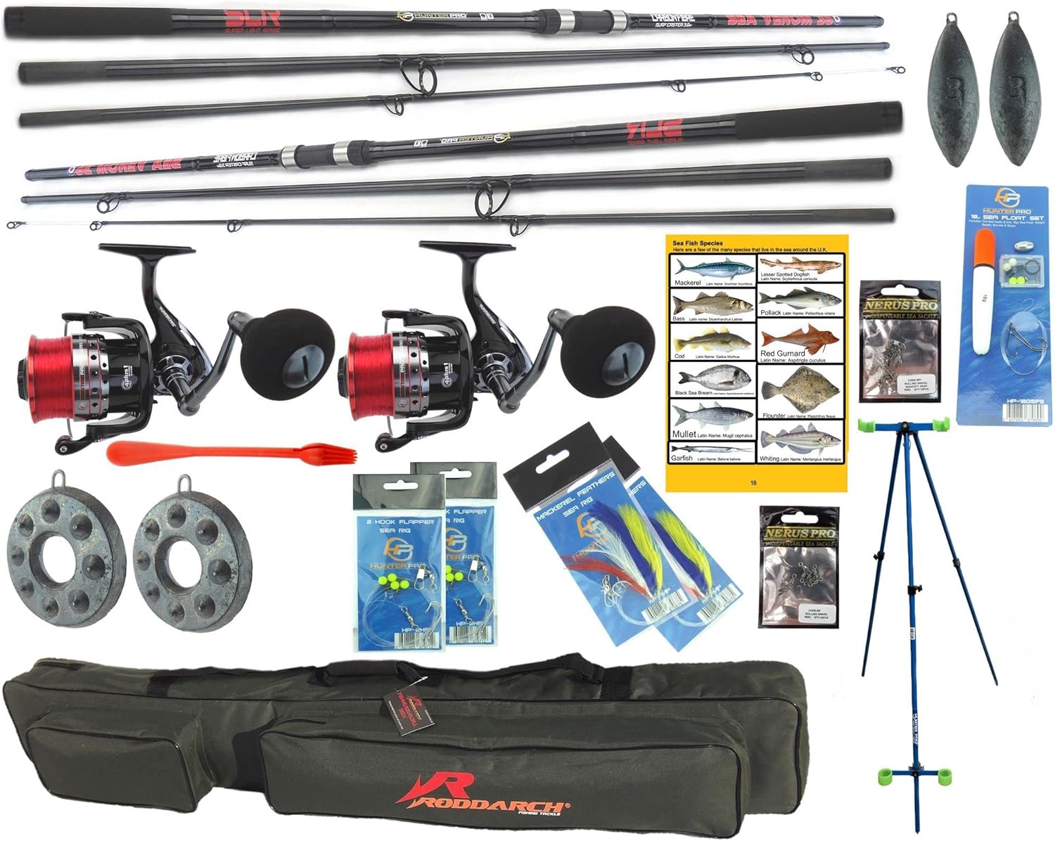 Complete Sea/Beach Fishing Set. 2 x Rods, Reels, Tripod, Weights, Rigs