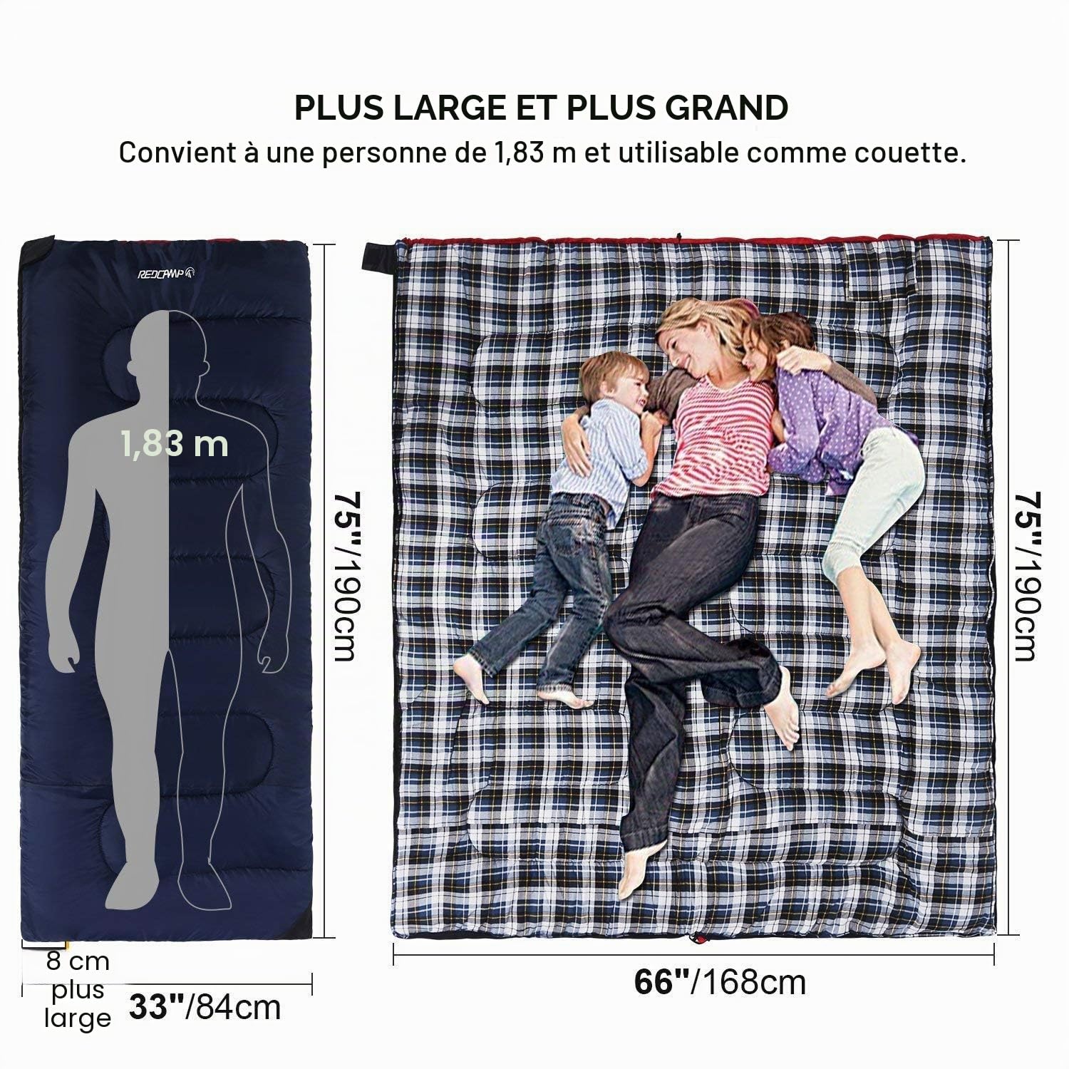 REDCAMP Sac de Couchage en Flanelle de Coton pour Camping, 3 Saisons, Chaud et Confortable, pour Adulte, enveloppe avec Rembourrage de 2/3/4 LB