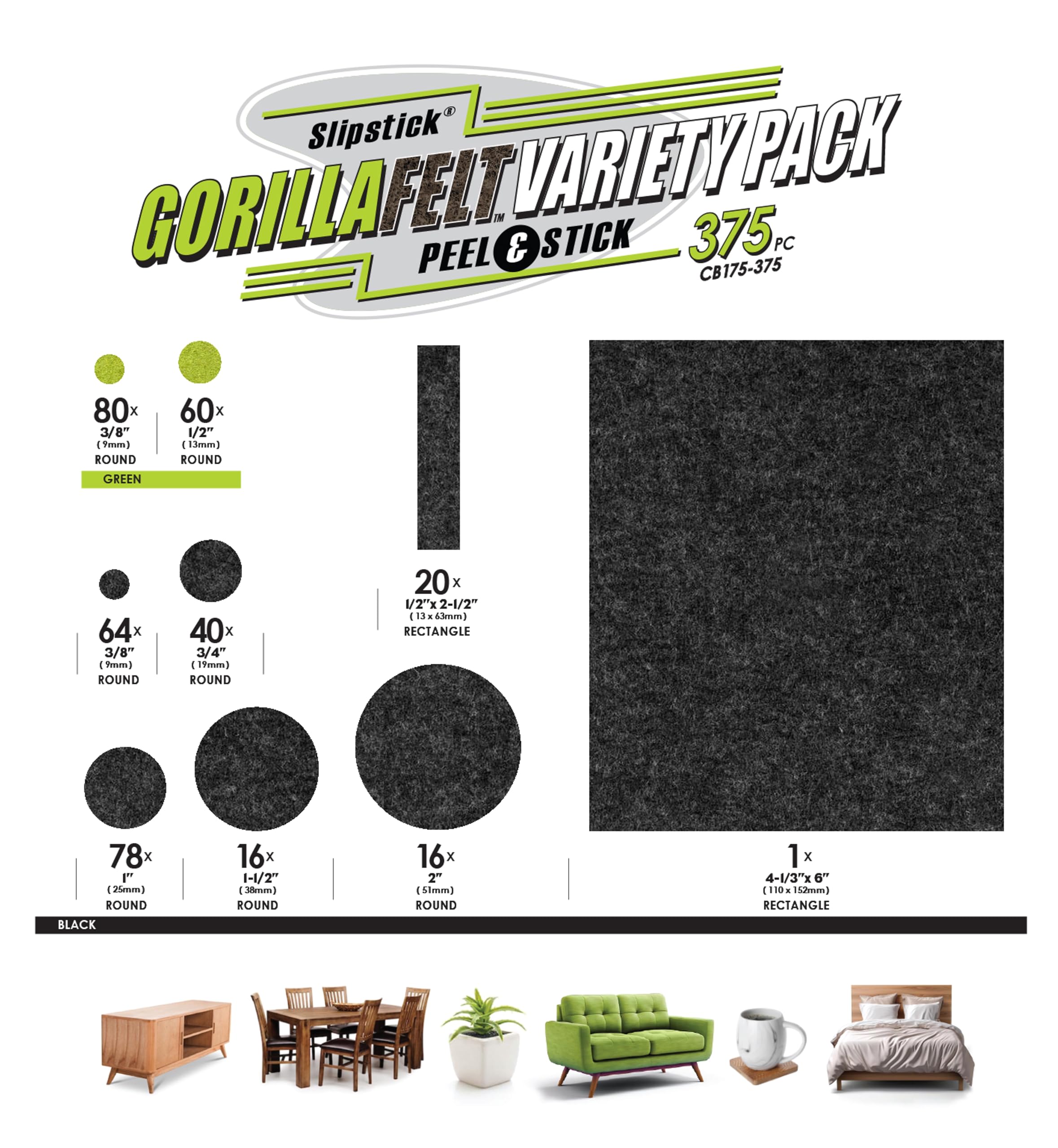 Slipstick Gorilla Felt Furniture Pads (375 Piece Variety Pack) Premium Furniture Pads & Chair Leg Floor Protectors for Hardwood Floors & Hard Surfaces - Image 3