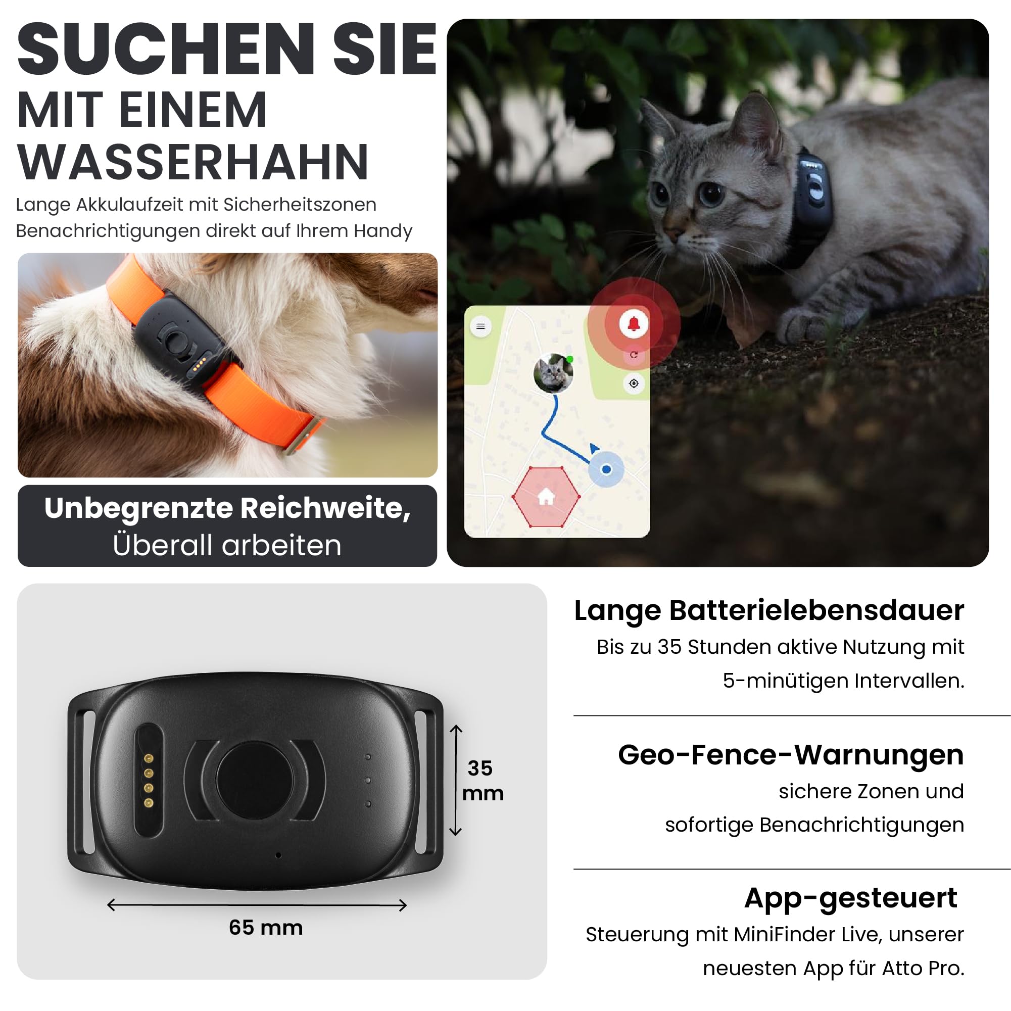 MiniFinder Atto Pro GPS Tracker Hund Echtzeit-Ortung, Hunde GPS Tracker mit integrierter SIM Virtuellem Zaun Escape-Alarm, Wetterfest 35h Akku GPS Ortung Haustier