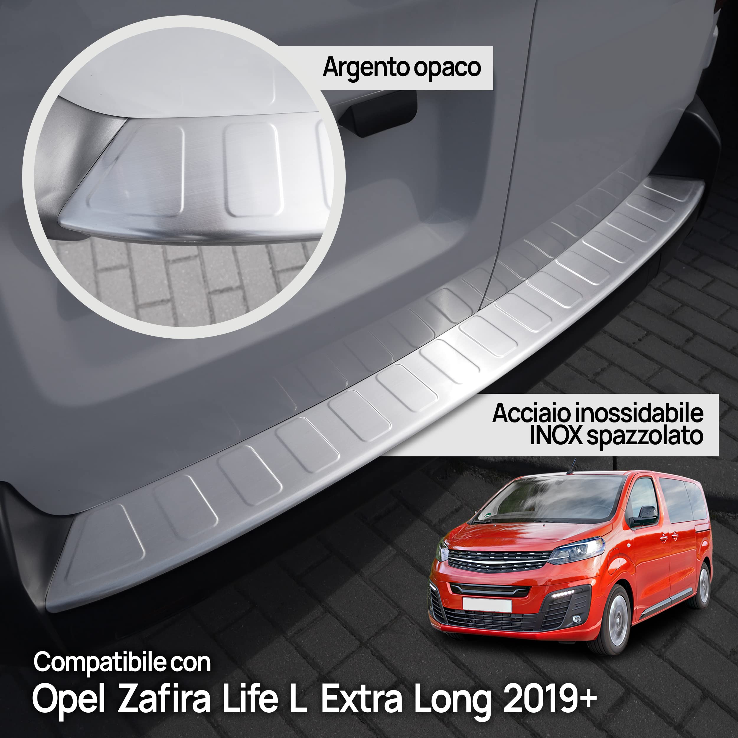 Chromemaster | Protezione paraurti Posteriore | Compatibile con Opel Zafira Life L Extra Long dal 2019- | Acciaio inossidabile INOX spazzolato, Argento opaco | Proteggi il paraurti della tua auto