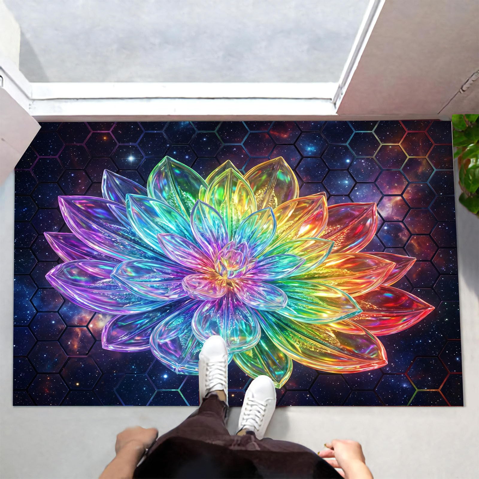 80X120Cm Zerbino Ingresso Interno Antiscivolo Assorbente, Tappeto Microfibra Sottile Lavabile Con Loto Cristallo Arcobaleno 3D Piante Del Futuro Cielo Stellato Per Cucina Bagno Porta Animali, Nero