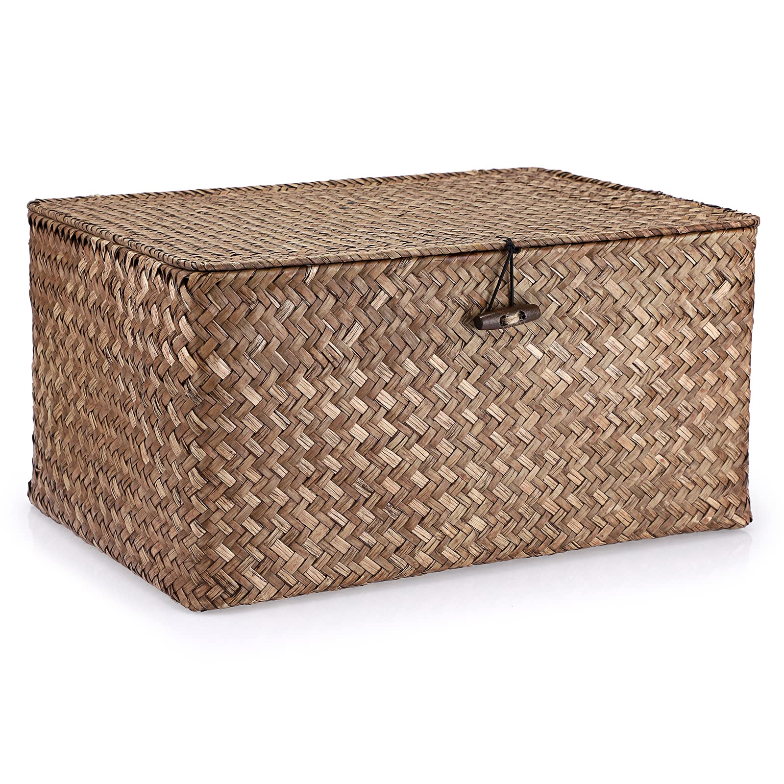 IGNPIONSeagrass Storage Basket with Lid Woven Seagrass Desktop Basket Rectangular Bathroom Storage Organiser Box, Shelves & Desks Decorative Multipurpose storage Hamper (Coffee, L)