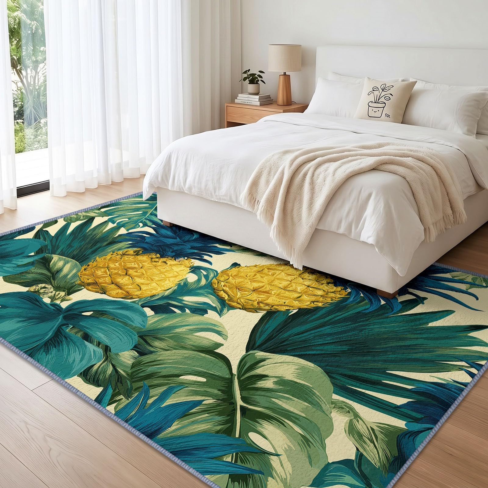 Alfombra lavable botánica tropical, 140 x 200 cm, para salón, frutas, piña, hojas de palma, antideslizante, suave, para dormitorio, comedor, oficina