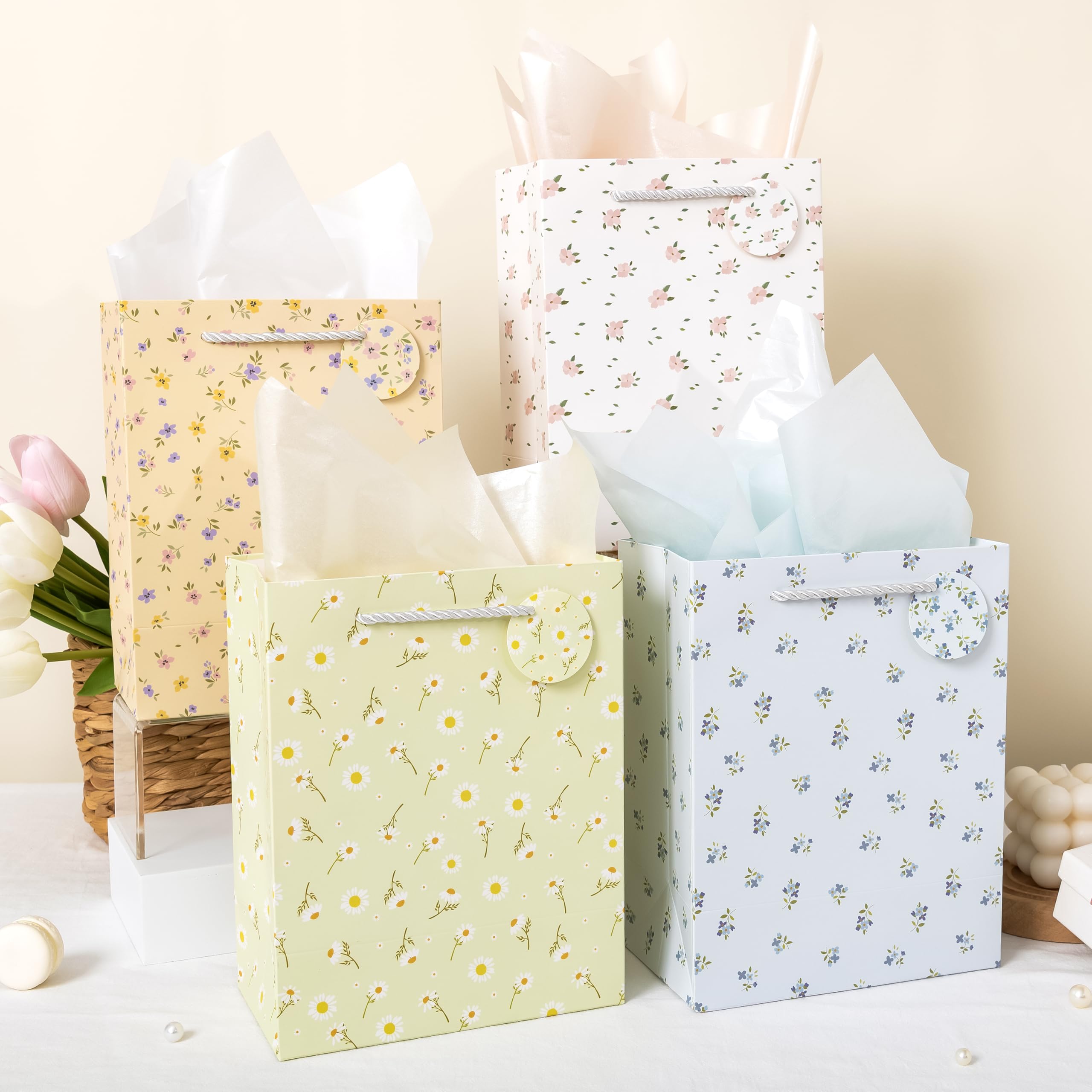 Crisky Bags for Small Business, 4 Pack Medium Gift Bags with Handles, Wildflower Floral Wedding Gift Bag Medium Size Goodie Bags with Tissue Paper for Bridal Shower, Engagement, Birthday, Graduation