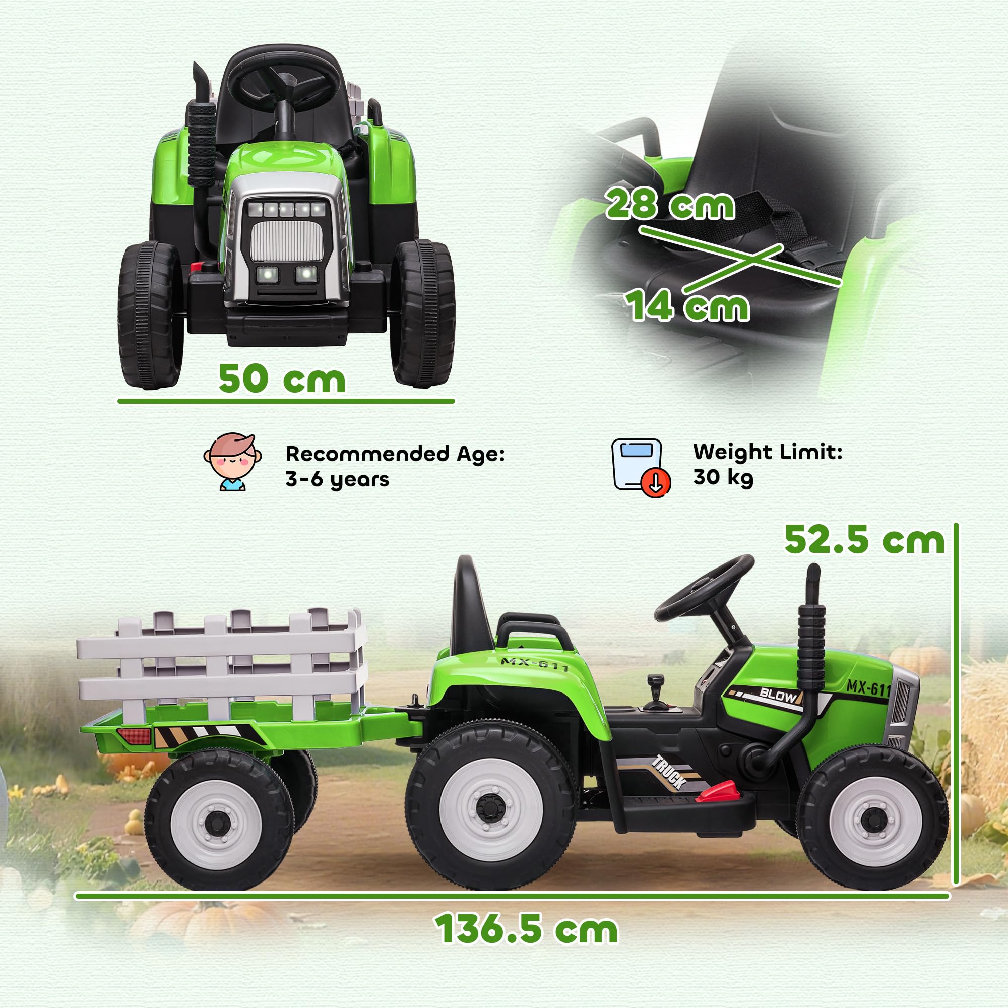 HOMCOM Trattore Elettrico per Bambini Rimorchio Rimovibile 3-6 Anni Verde | Batteria 12V Ricaricabile con Telecomando, Porta USB, Musica Preinstallata e Luci