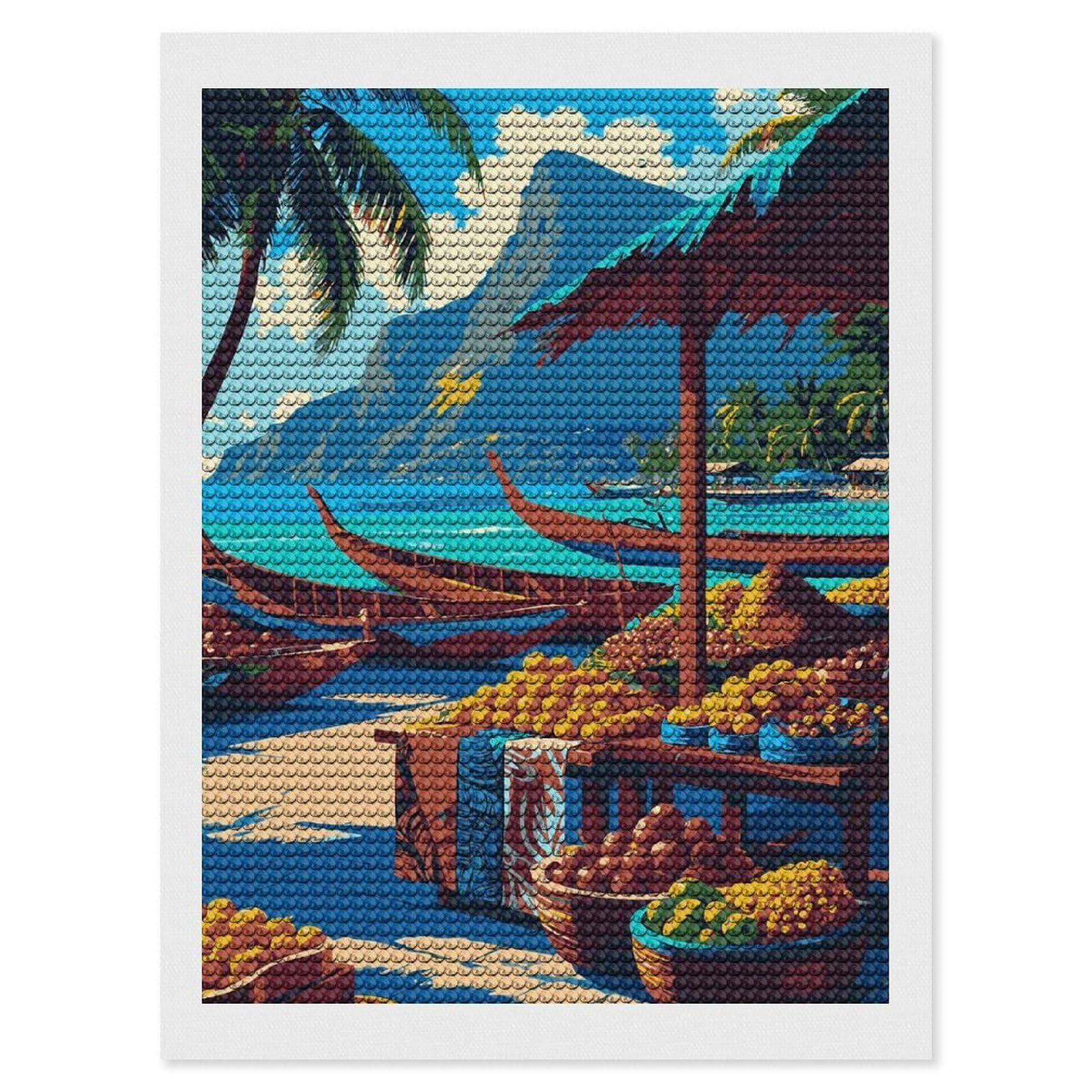 Junmoney Tropical Beach Market with Boats Diamond Painting Canvas Set 12"x16", Satisfying Creative Project, Easy to Follow Symbols, Fun Craft Experience