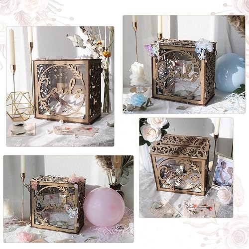Miniatura 6 de OurWarm Caja de tarjetas de boda para recepción de boda, cajas de madera para tarjetas de boda con ventana, sobre de boda marrón, caja de tarjeta de
