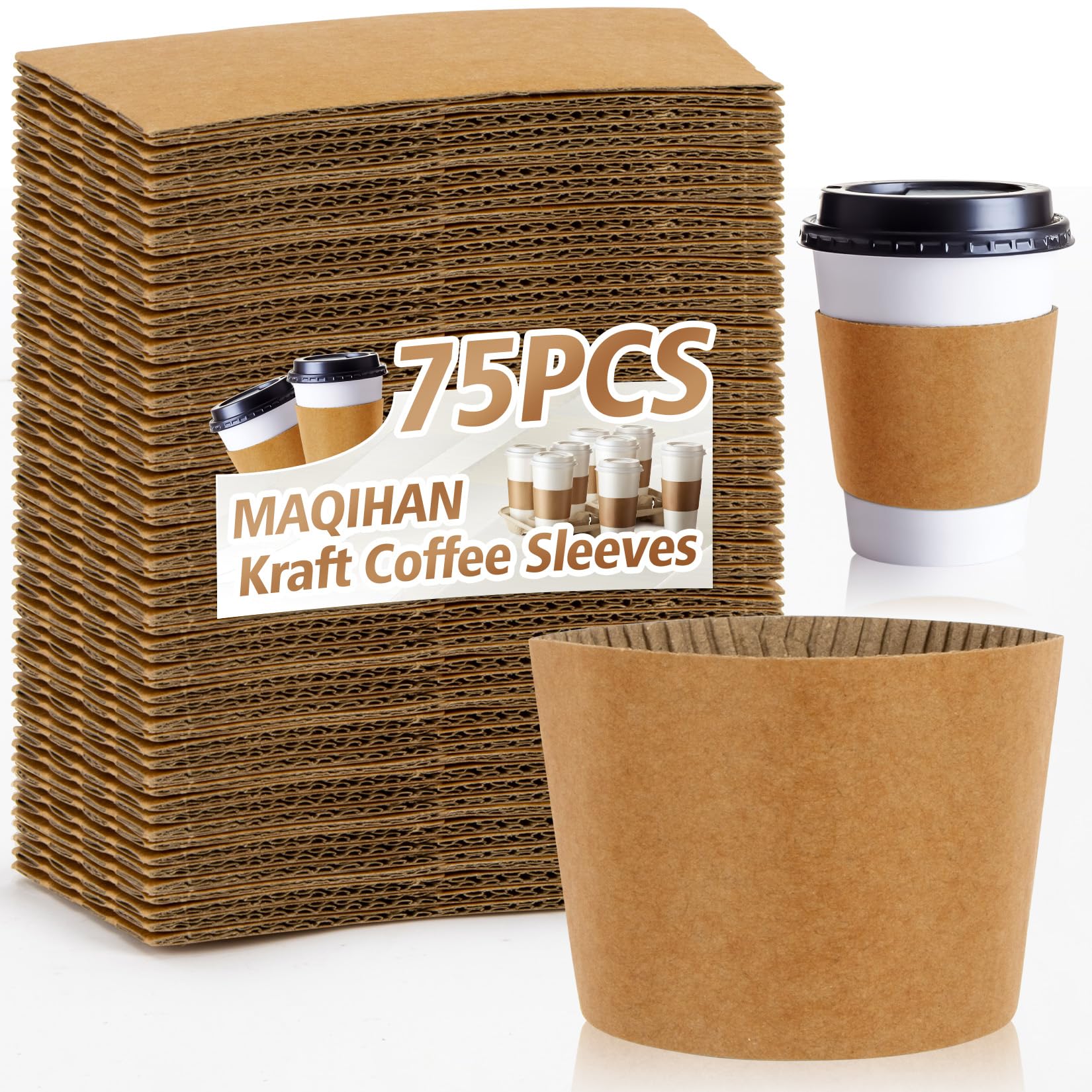 MAQIHAN 50PCS Brown Corrugated Paper Coffee Cup Sleeves - Hot & Cold Drinks Insulator - Fits 10-20oz Cups