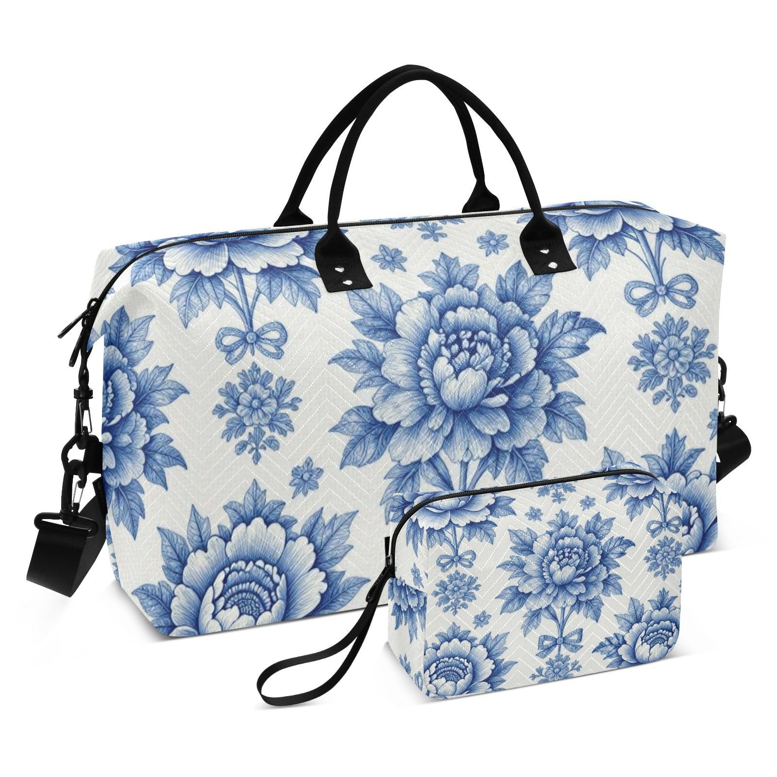 Set di borsone grande e mini sacchetto trapuntato staccabile leggero campeggio, Peonia blu., One Size, Classico