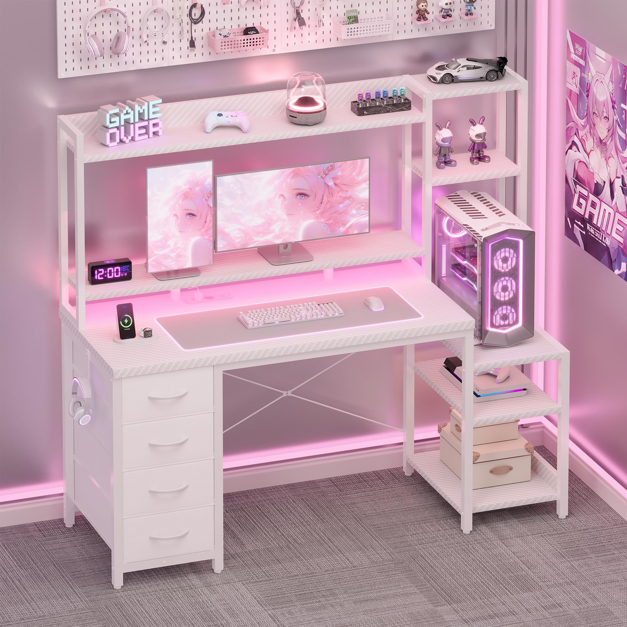 YOUDENOVA Biurko gamingowe z szufladami i regałem, 130 x 48 cm, stół gamingowy z diodami LED, gniazdkiem elektrycznym i USB, biurko komputerowe ze stojakiem na monitor, półką i uchwytem na słuchawki