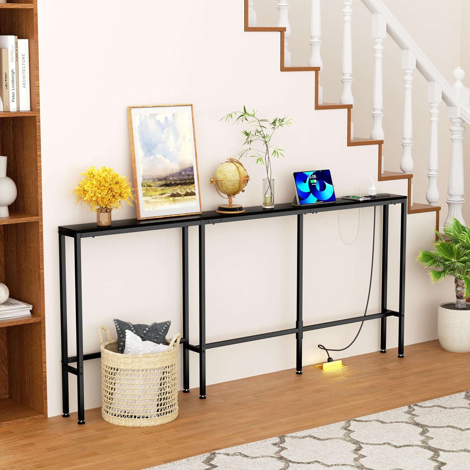 GRLEAF L Shaped 78" Narrow Console Sofa Table with Built-in Power Strip (2 AC Outlets & 2 USB Ports) – 4.9ft Power Cord, Metal Frame, Easy Assembly, Ideal for Behind Couch, Hallway (Black, 78IN)