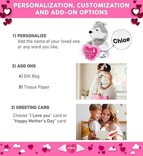 Miniatura 2 de DolliBu Feliz Día de la Madre - Figura de lobo sentado súper suave, lindo animal de peluche con mensaje de corazón rosa para la mejor mamá, abuela,
