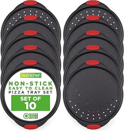 Miniatura 31 de NutriChef NCBPIZ1 Bandeja antiadherente para pizza de 13 pulgadas, bandeja redonda de acero al carbono antiadherente para hornear pizza con agujeros