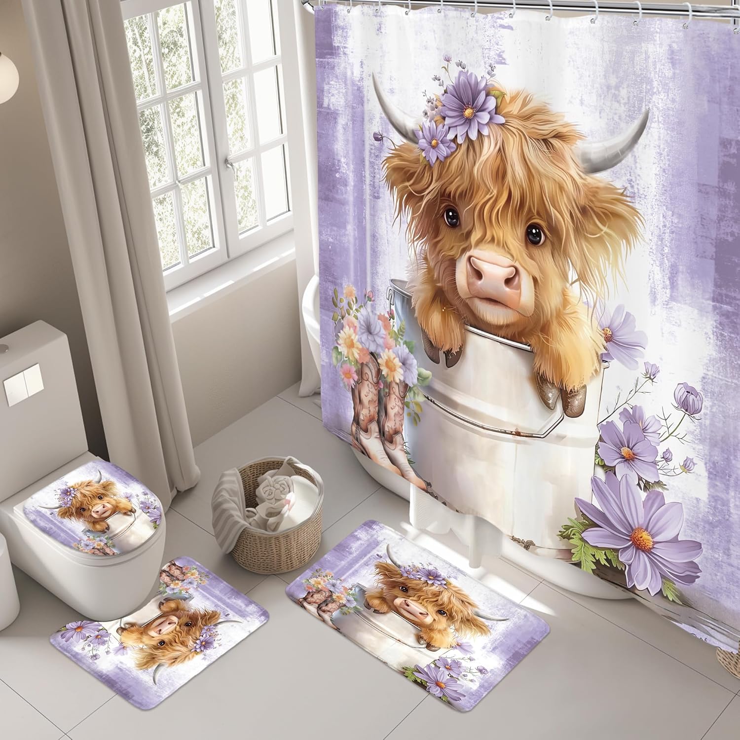 Riyidecor Purple Highland Cow 4Pcs Bathroom Shower Curtain Sets Western Rustic Daisy Floral Bathroom Decor Set with Rugs and Accessories Cute Toilet Lid Rug, Contour and Bath Mat with 12 Hooks
