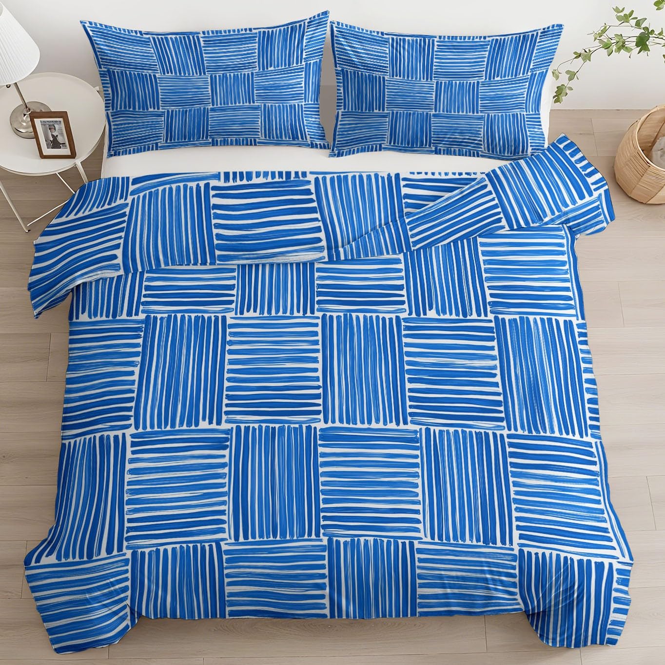 Linge de lit 240x260 microfibre douce motif rayures bleu élégant