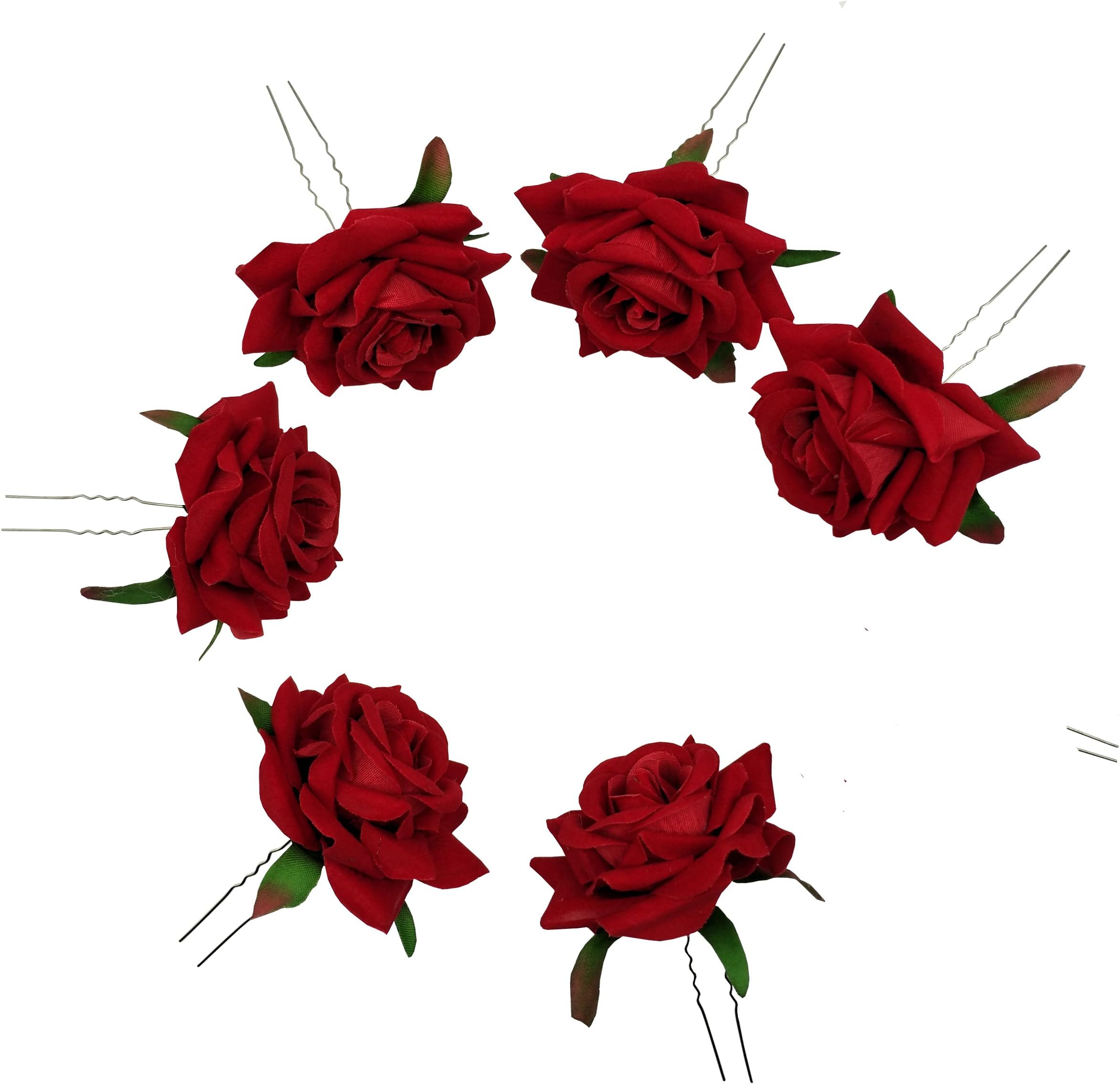 Sanrich 6pcs Rose Flower Hair Pins U Shaped Wedding Hair Clips Photo Shoot Flowers (red)