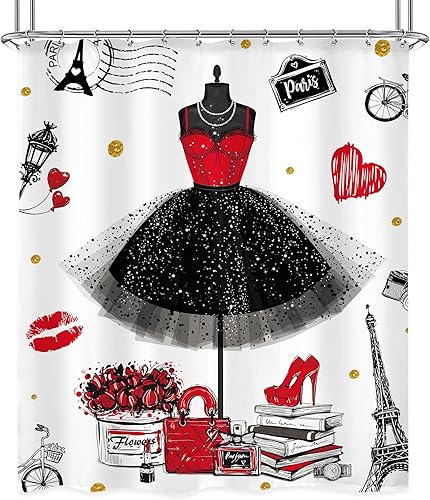Miniatura 6 de Riyidecor Vestidos femeninos - Cortina de ducha de moda 60 pulgadas de ancho x 72 pulgadas de alto falda negra y roja botellas de perfume torre de