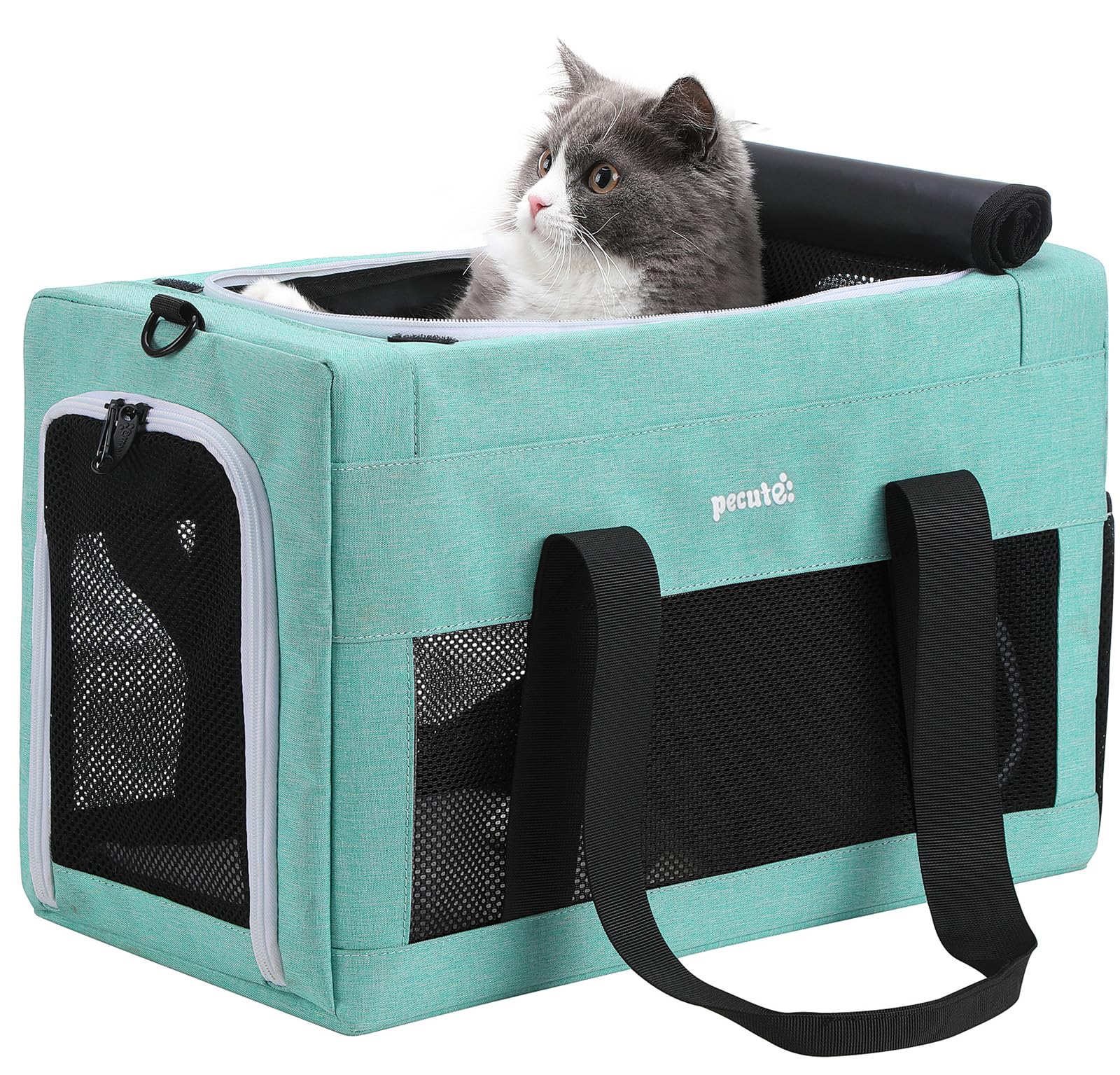 Pecute Transportin Gato Aviones permitidos, Estructura de Alambre de Acero Engrosado de 5 mm, Transportin Perro Pequeño con Parasol, Adecuada para Gatos y Cachorros de hasta 5 kg/11 Libras,Azul Lago Recycled Claim Standard Blended