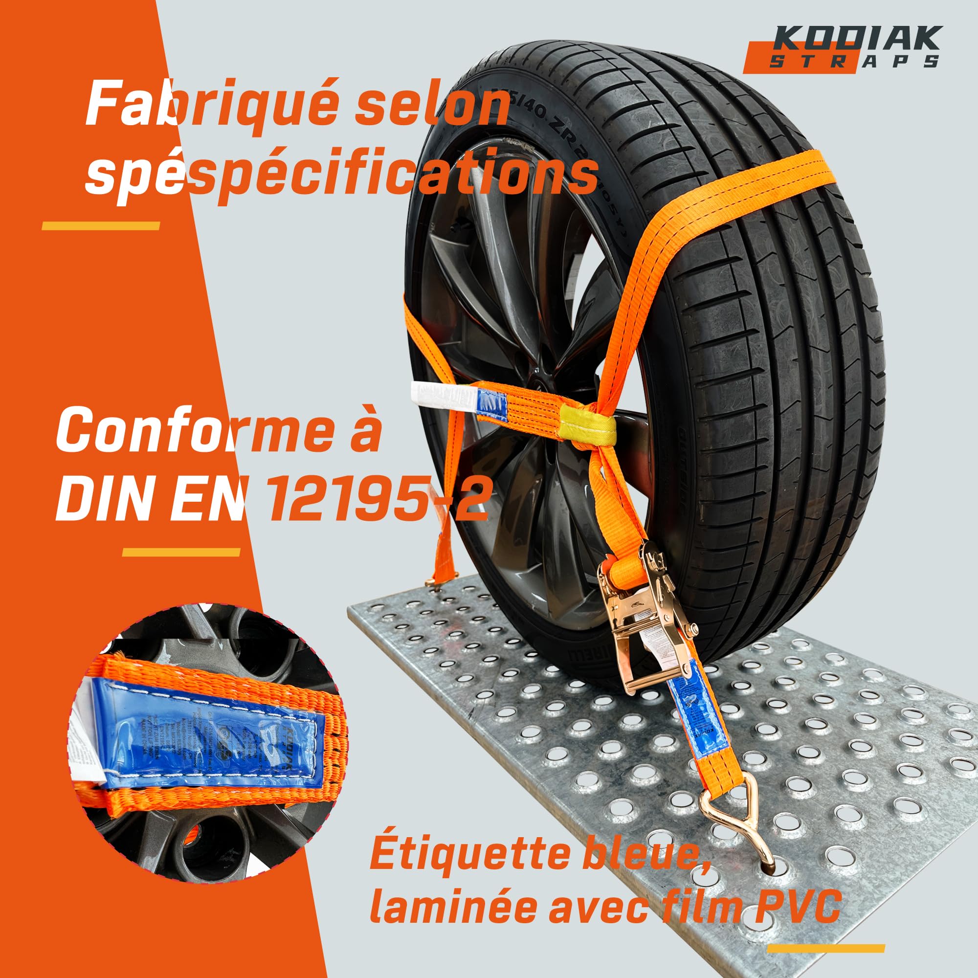 4 Lots de Sangles à Cliquet pour Transport de Véhicules | Largeur 35 mm 2000 daN | Sangles de Sécurité pour Roues, Voitures, Remorques et Poids Lourds - Certifié TÜV/GS DIN en 12195-2 - KODIAK STRAPS