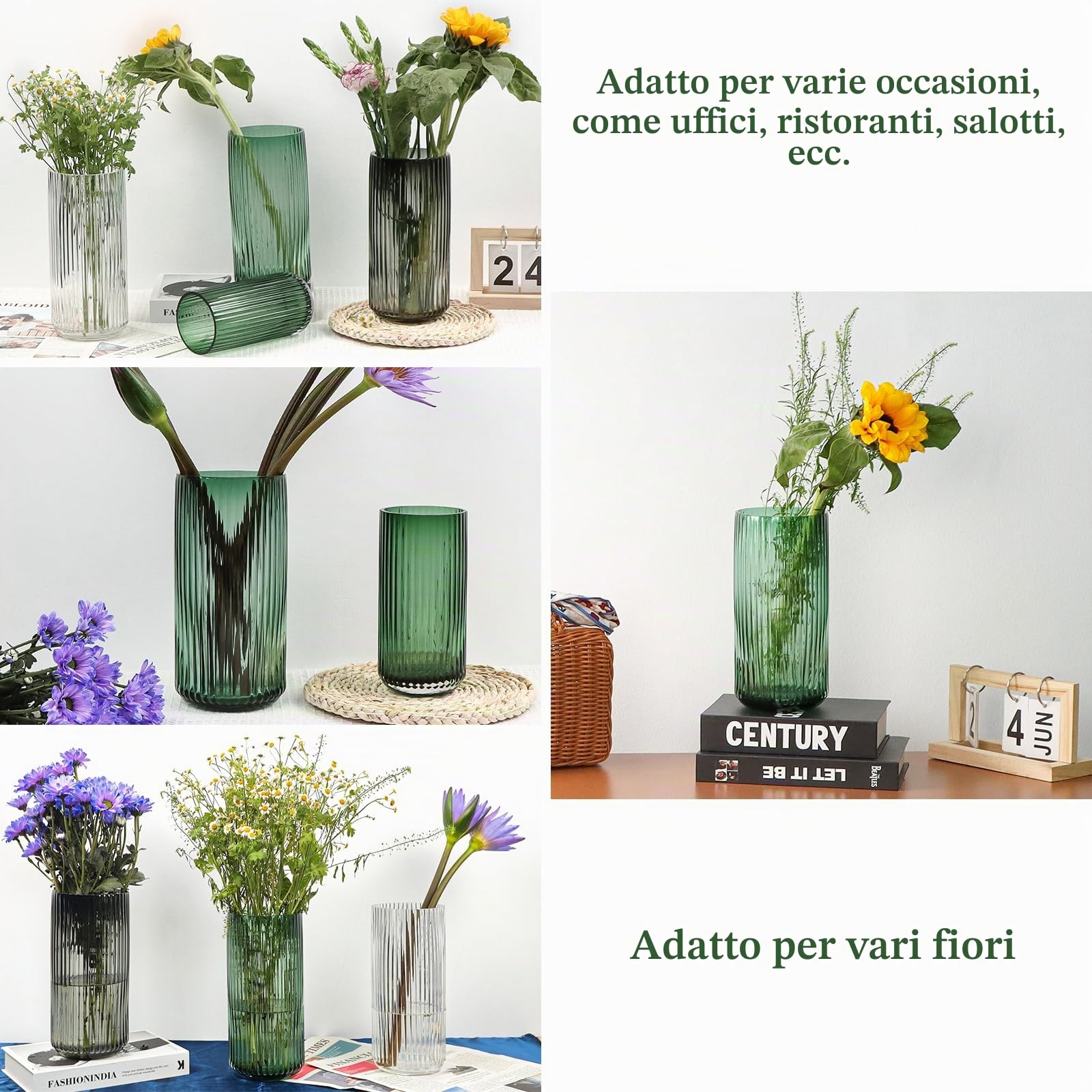 Vaso di vetro verde ispessito di alta qualità, vaso da fiori in vetro a coste per vasi rustici, vaso decorativo moderno per fiori, vasi per decorazione, ideale per mensole, soggiorno, tavolo