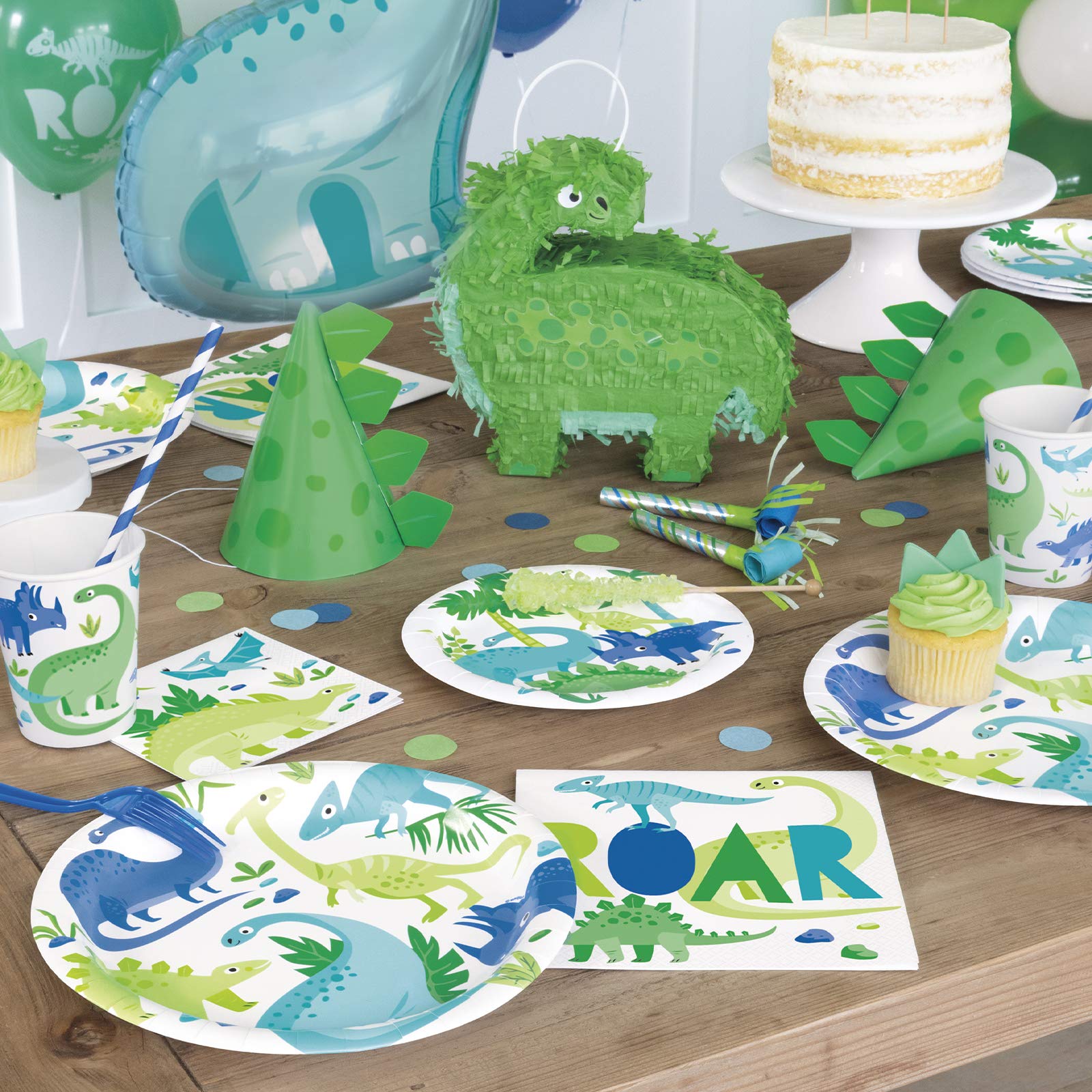 Platos de cena y servilletas de papel de dinosaurio azul y verde (sirve 16)