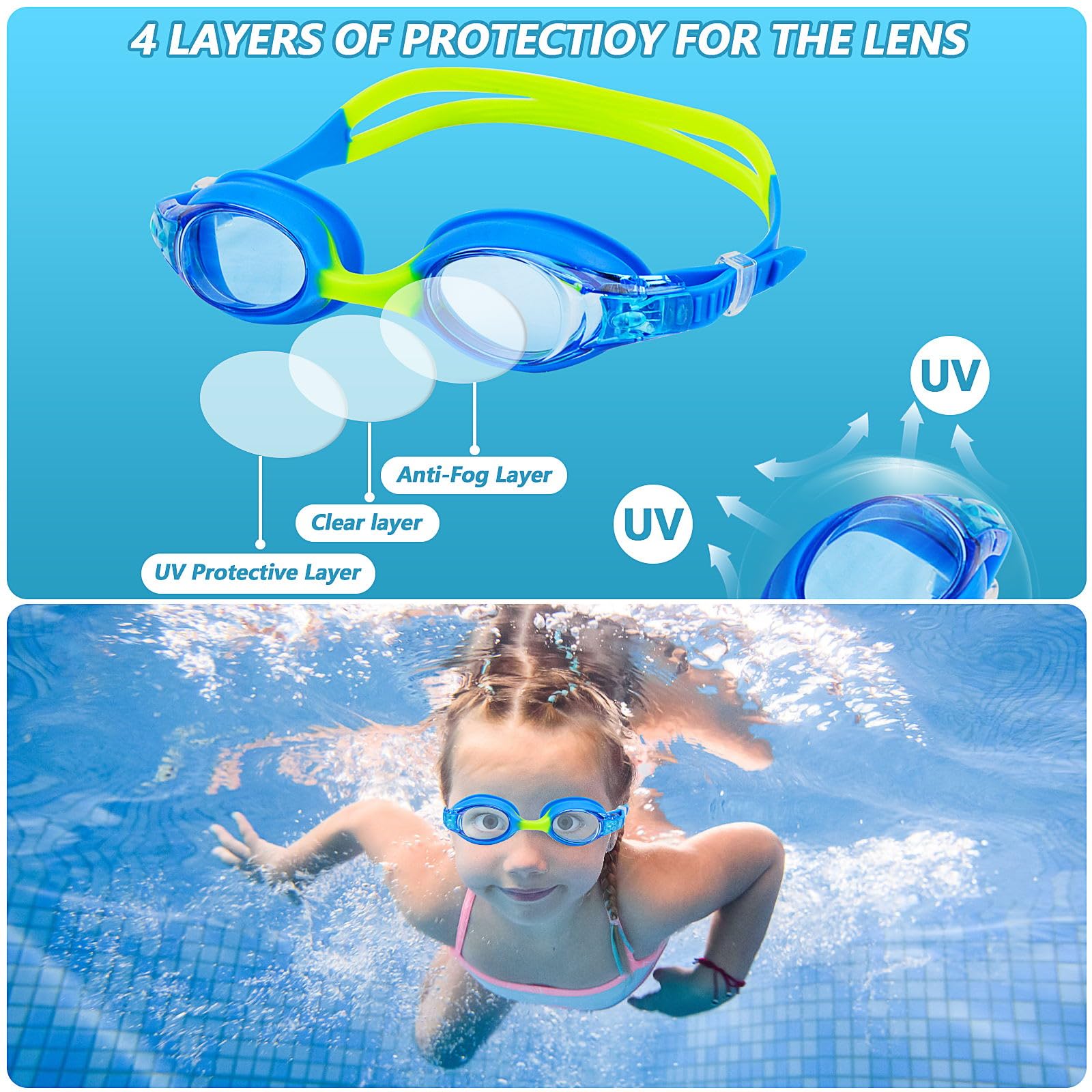Mezere Kids Swimming Goggles Kids Age 5 Anti Fog Girls Swimming Goggles UV Resist No Leaking Childrens Goggles for Boys Swim Glasses - Image 2