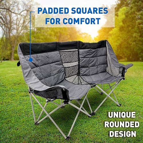 Miniatura 2 de EasyGo Product Silla de camping – Asiento doble resistente de gran tamaño – Se pliega fácilmente y está acolchado, negro y gris