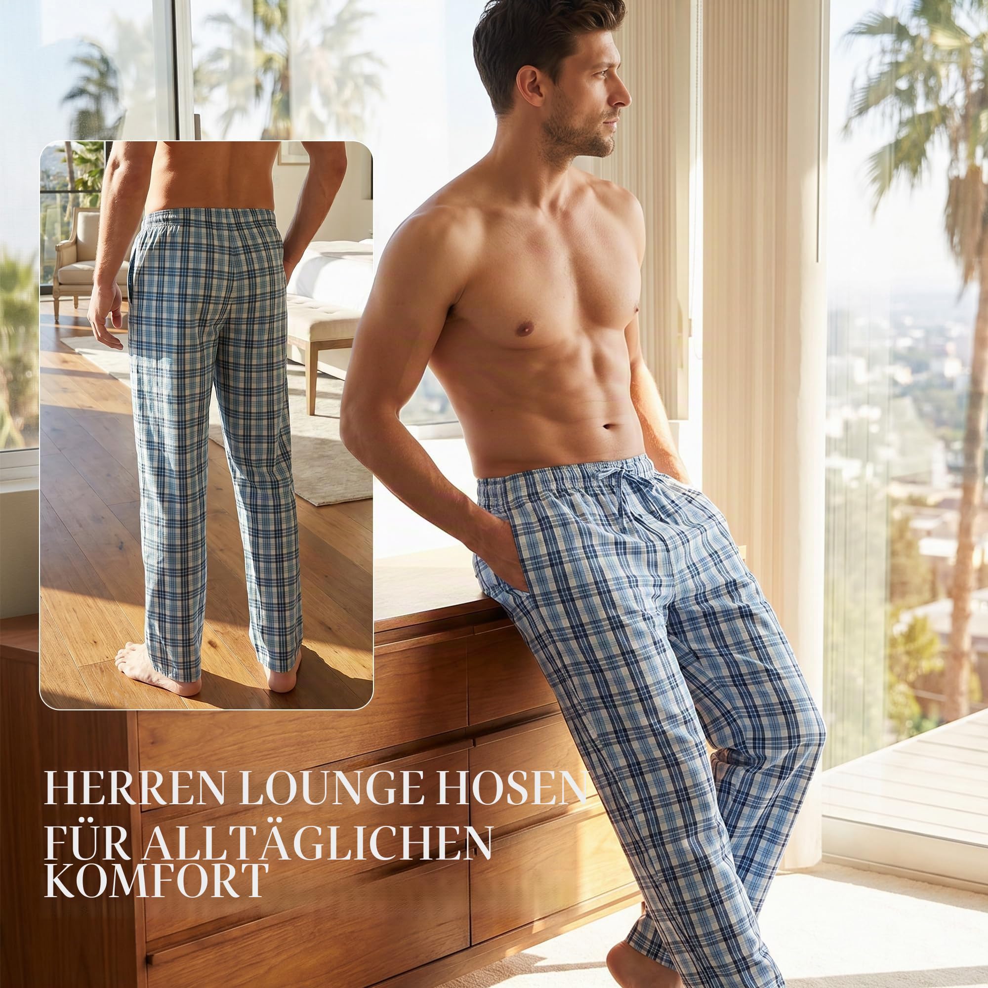 Vulcanodon Schlafanzughose Herren lang 100% Baumwolle karierte Pyjamahose lange Schlafhose Freizeithose Schlafanzug Hose