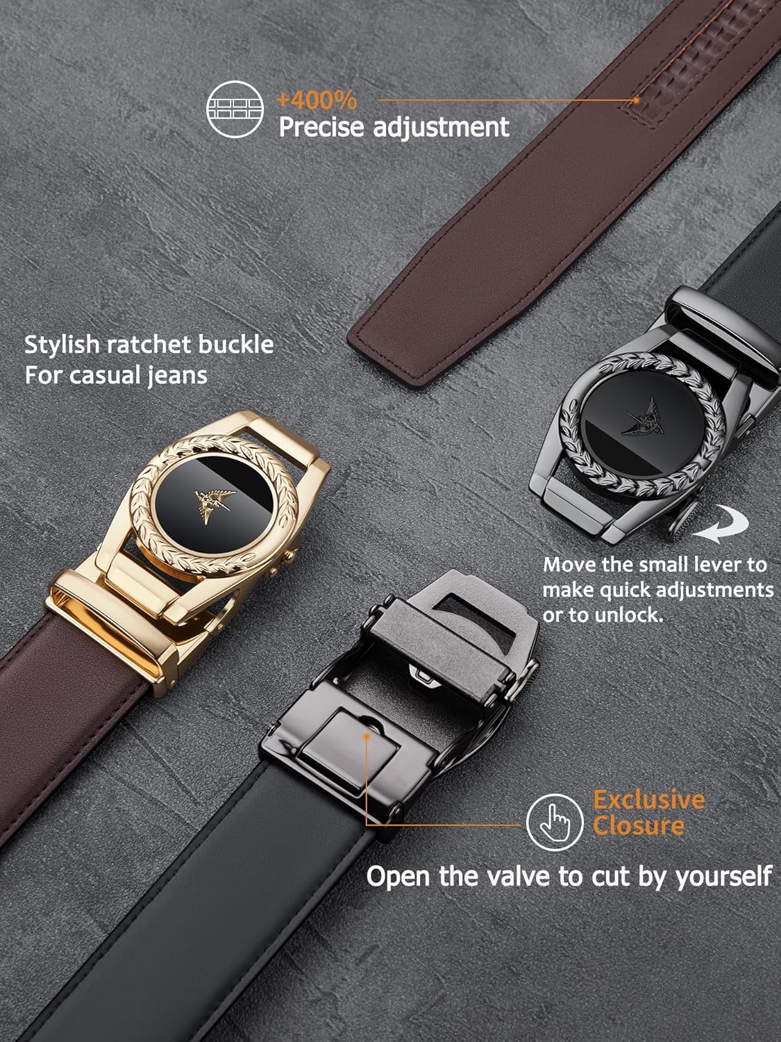 VANNANBA Mens Belts for Jeans, Designer Belts with Gorgeous Buckle Black Gold for Daily Dress - Image 2