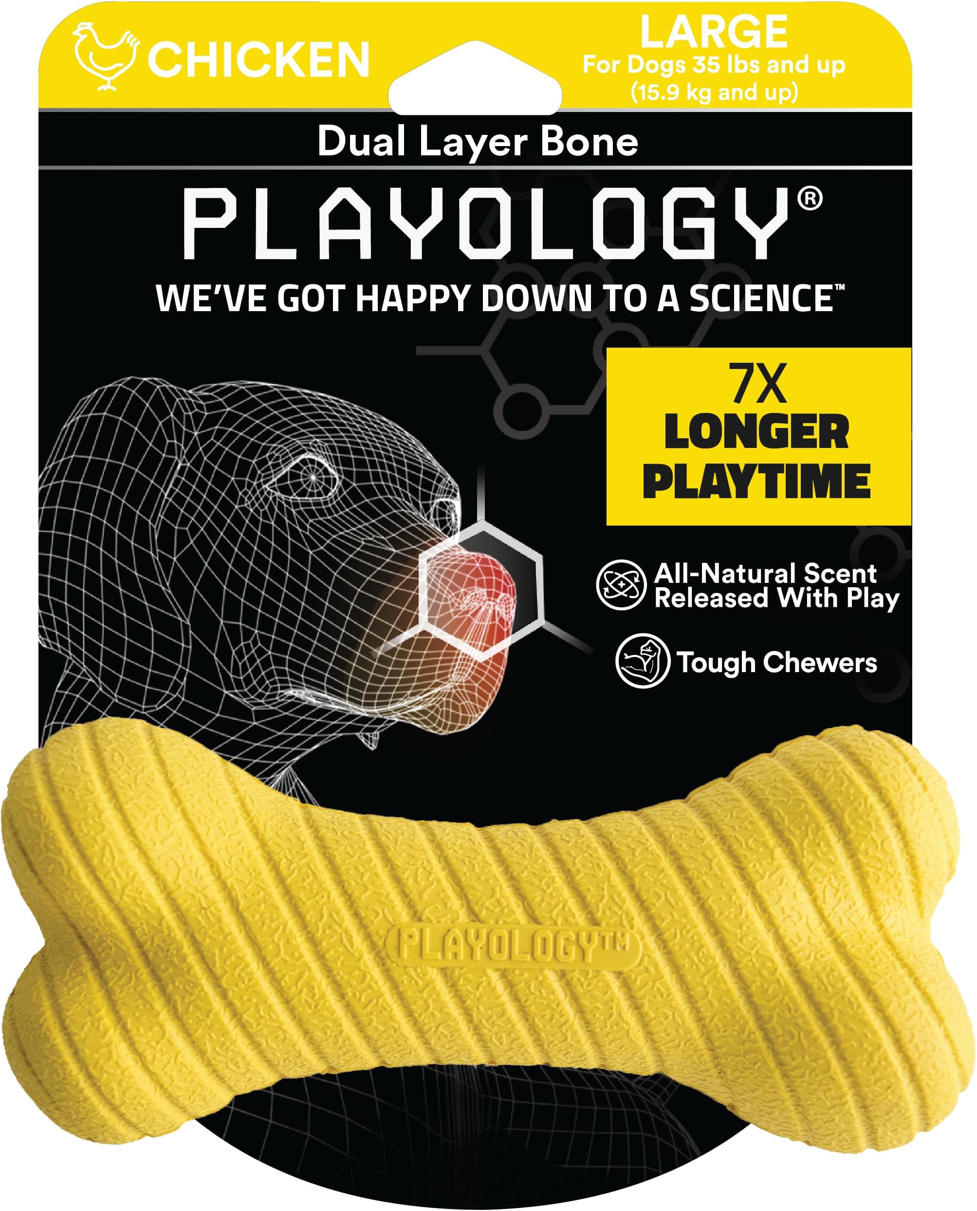 PlayologyDog Bones - Dog Toys for Large Dogs (35+ lbs) - Natural Chicken Scent, Tough Dual Layer For Aggressive Chewers - 1 Yellow Dual Layer Bone