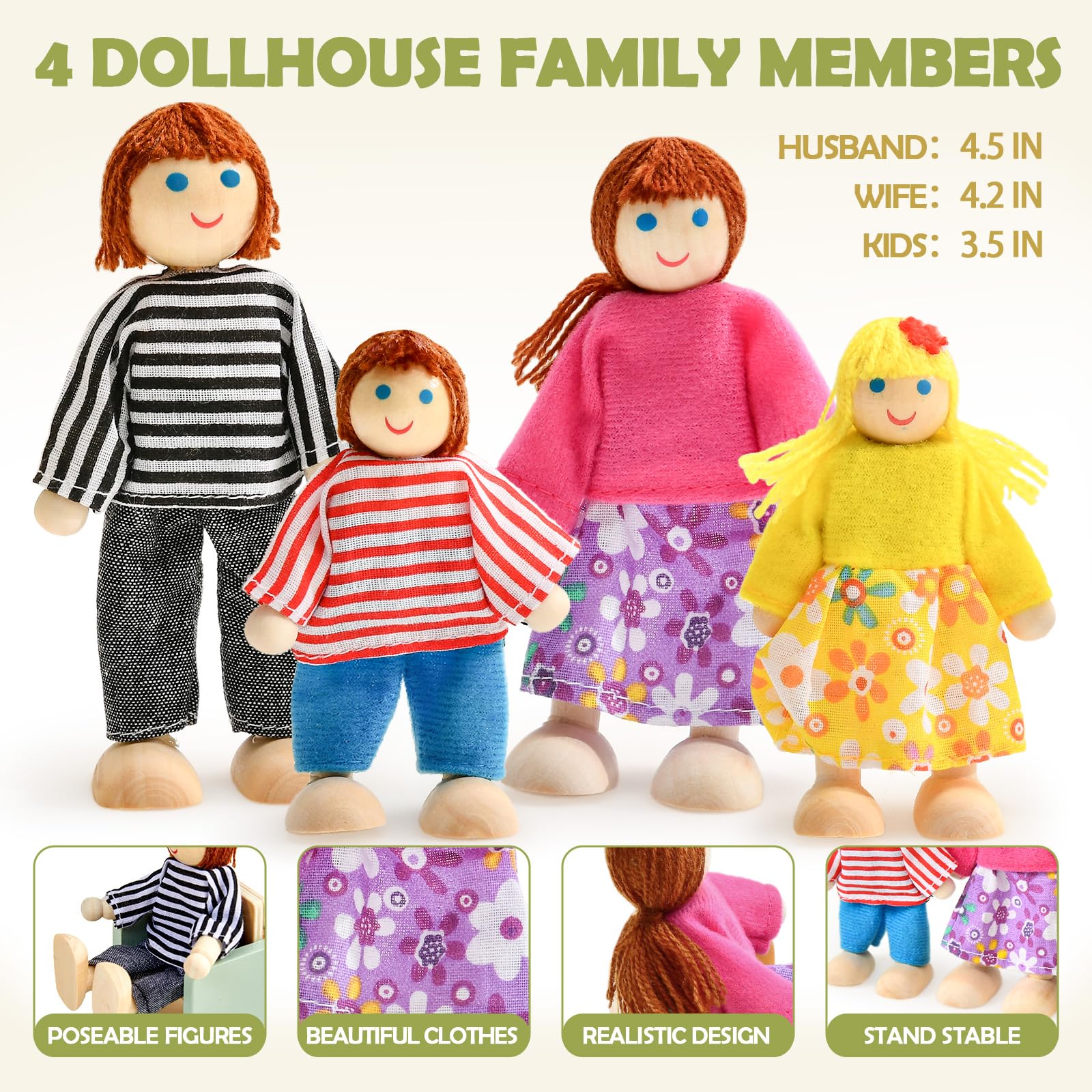 Atoylink 26 PCS Mobili in Legno per Casa delle Bambole con 4 Bambole, Accessori, Regalo di Compleanno per Bambini 3-6 Anni