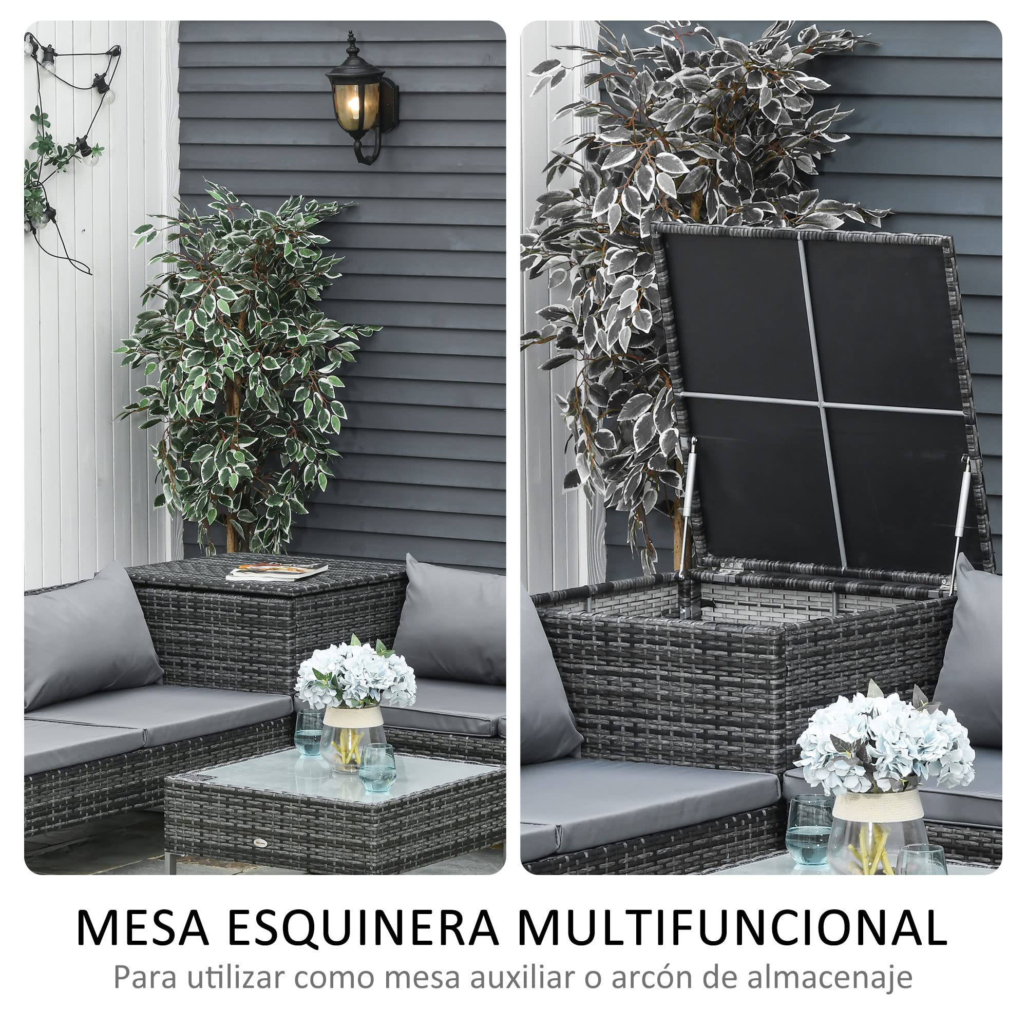 Outsunny Conjunto de Muebles de Jardín de Ratán 4 Piezas 132x69x64 cm Gris | 2 Sofás Dobles, Mesa de Centro, Mesa con Arcón, Cojines Extraíbles, Terraza Patio Exterior, Kit Sofá2 Plazas