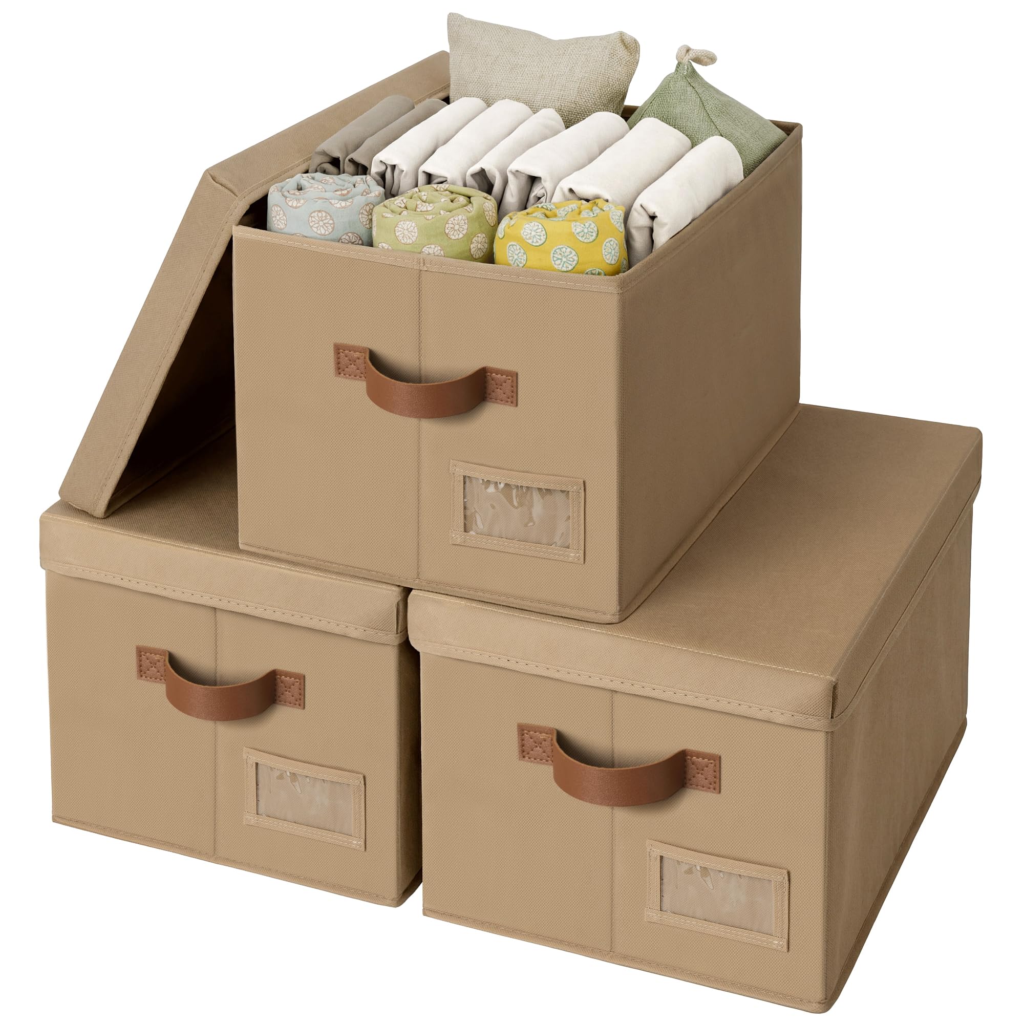 GRANNY SAYS Large Storage Boxes with Lids, Pack of 3 Clothes Box with Lid, Foldable Wardrobe Boxes, Fabric Storage Baskets for Shelves, Bedroom Storage Box for Wardrobe Organising, Khaki