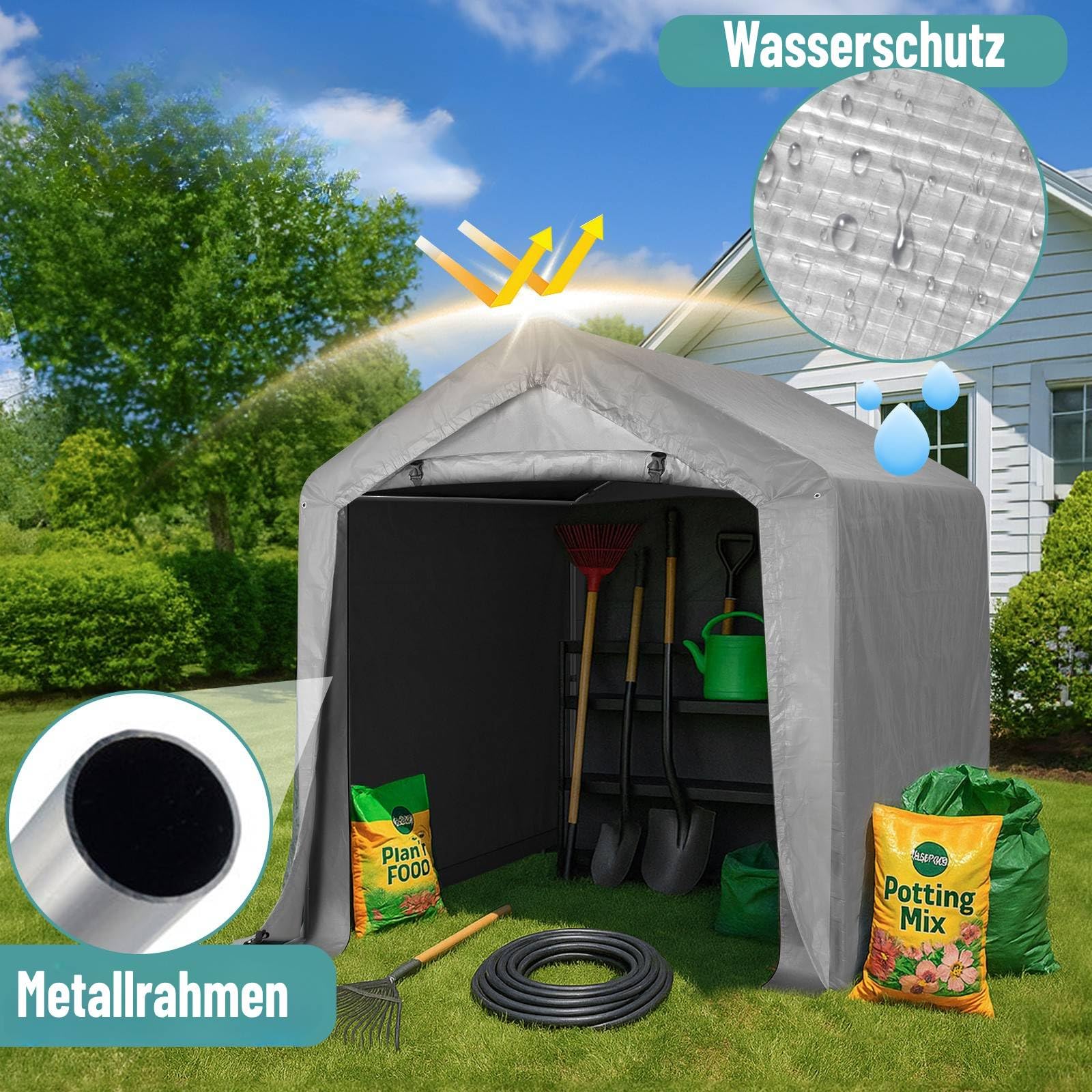 LEADZM Gerätehaus 240 x 240 cm,Wasserdicht & UV-Schutz mit Reißverschlusstür,Garagenzelt für Fahrräder,Gartengeräte & Terrasse,Gartenhaus,Fahrradgarage & Aufbewahrungszelt,Grau