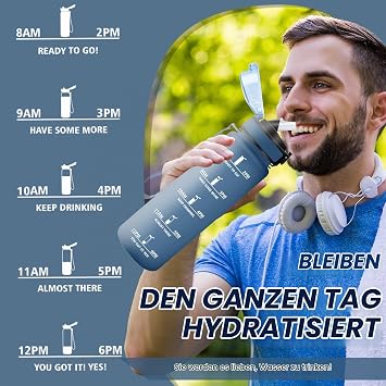 Sports Water Bottle 1 Litre Bottle with Straw Easy to Clean Leak-Proof Water Bottle with Motivational Slogan Water Bottle with Time Marking for School Yoga Hiking