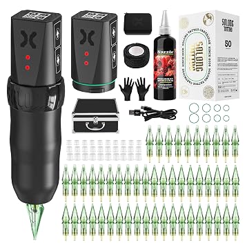 Tattoo Kits Tattoo Machine with 2PCS 1800mAh Batteries LED Display 50PCS Needles and Black Ink, Complete Tattoo Supplies for Beginners and Artists SLE78KIT-1