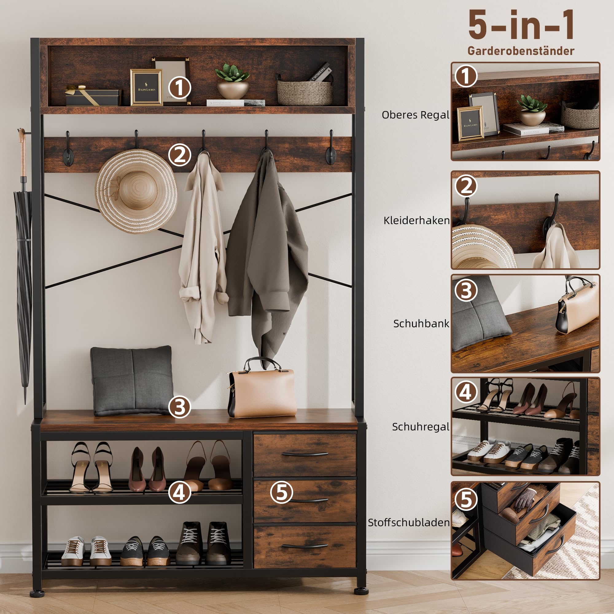 Garderobenständer mit Schuhablage, Garderobe mit Sitzbank, 12 Haken, 3 Schubladen und 1 Ablagefläche, Metallrahmen, 30 x 80 x 180 cm, für Flur Eingänge (Rustikal Braun)