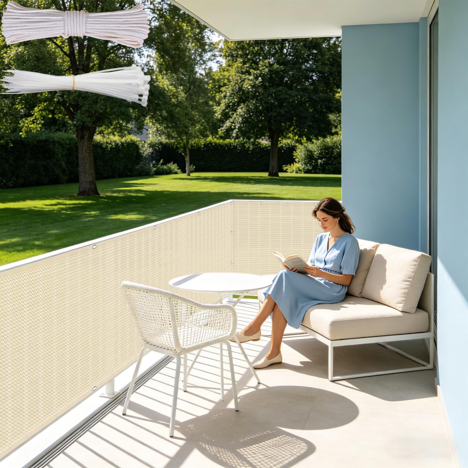Copri Balcone 90 x 525 cm in HDPE 220G ㎡, Frangivento, Protezione Solare, Permeabile, Anti-Uv, Telo Balcone Frangi-Vista con Fascette e Funi para Jardín Exterior, Color Crema