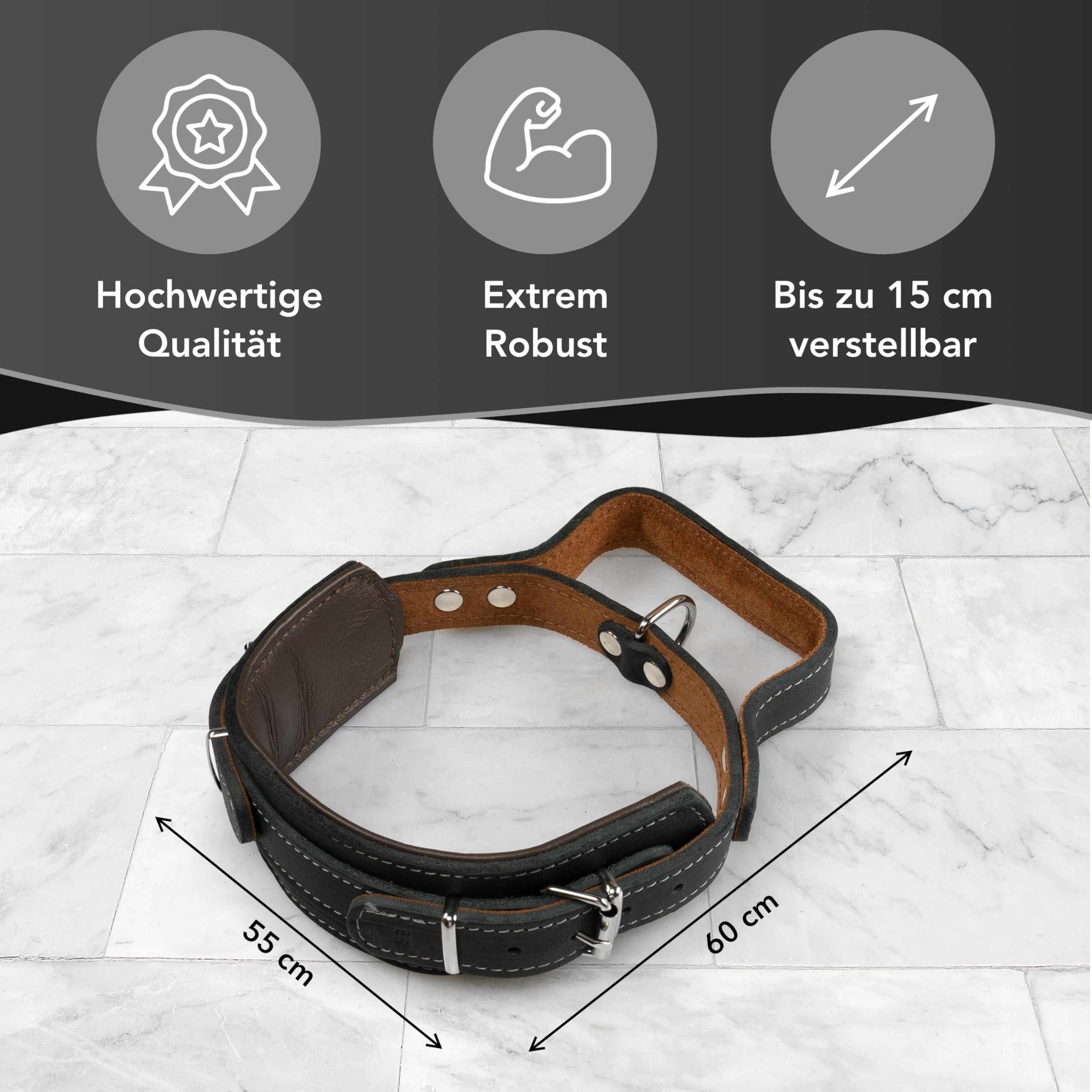 Collier de dressage pour chien en cuir avec poignée 55 cm x 60 mm
