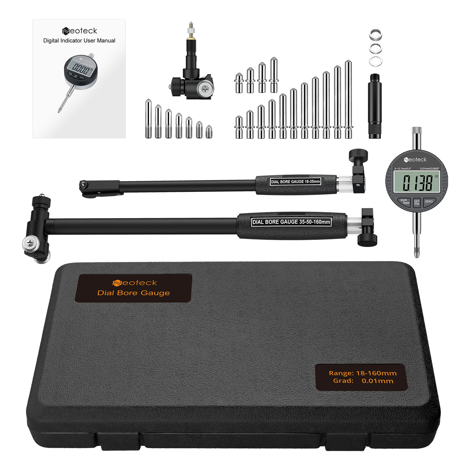 Neoteck Jauge d’Alésage Digitale 18-160mm – Mesure Intérieure Haute Précision 0,01mm – Jauge Cylindre & Contrôle Dimensionnel Profond pour Atelier Mécanique, Métrologie et Moteurs-Noir