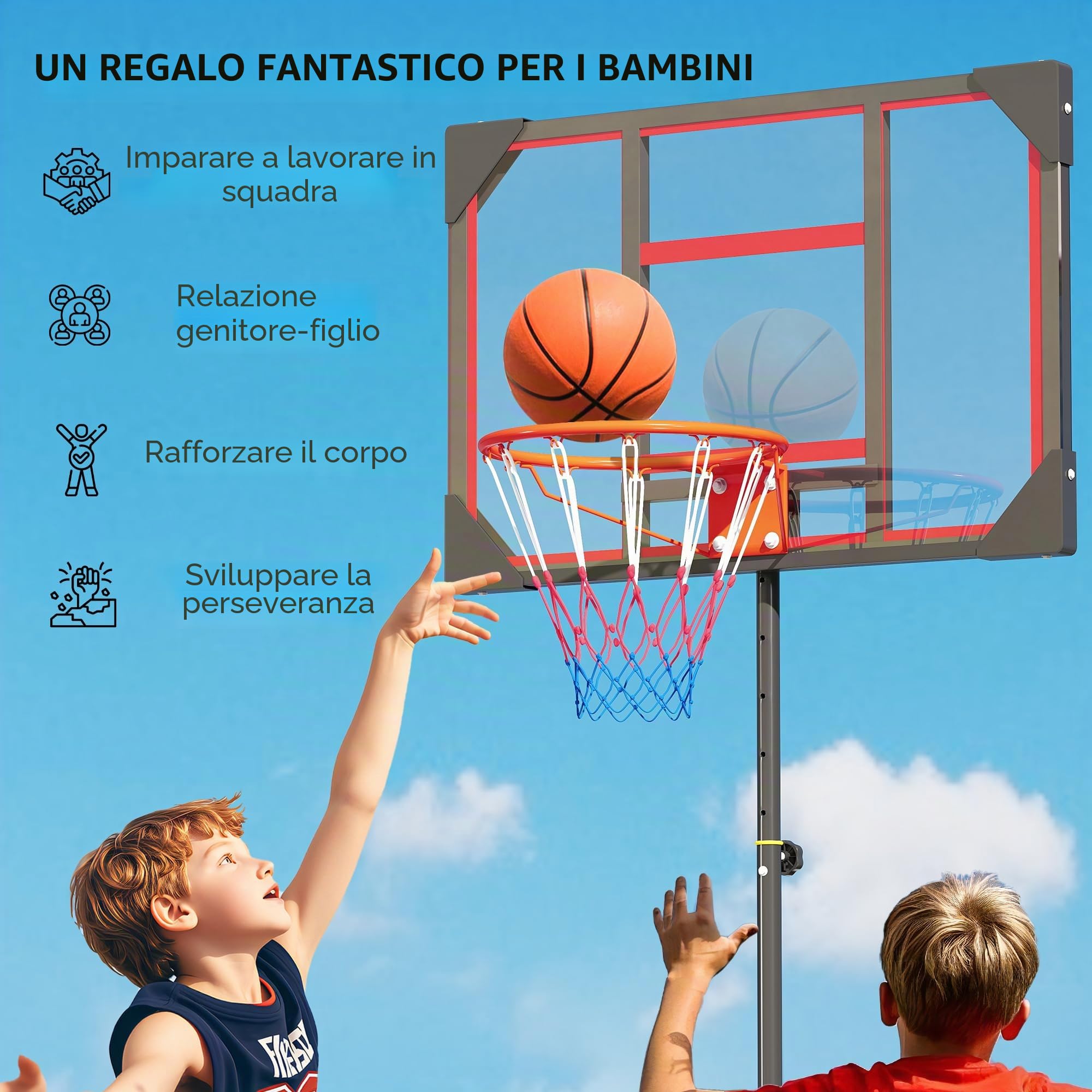 Canestro da esterno per bambini AIYAPLAY, supporto per pallacanestro regolabile in altezza da 210 a 260 cm con ruote, sistema di pallacanestro con supporto per bambini a partire dai 6 anni, rosso