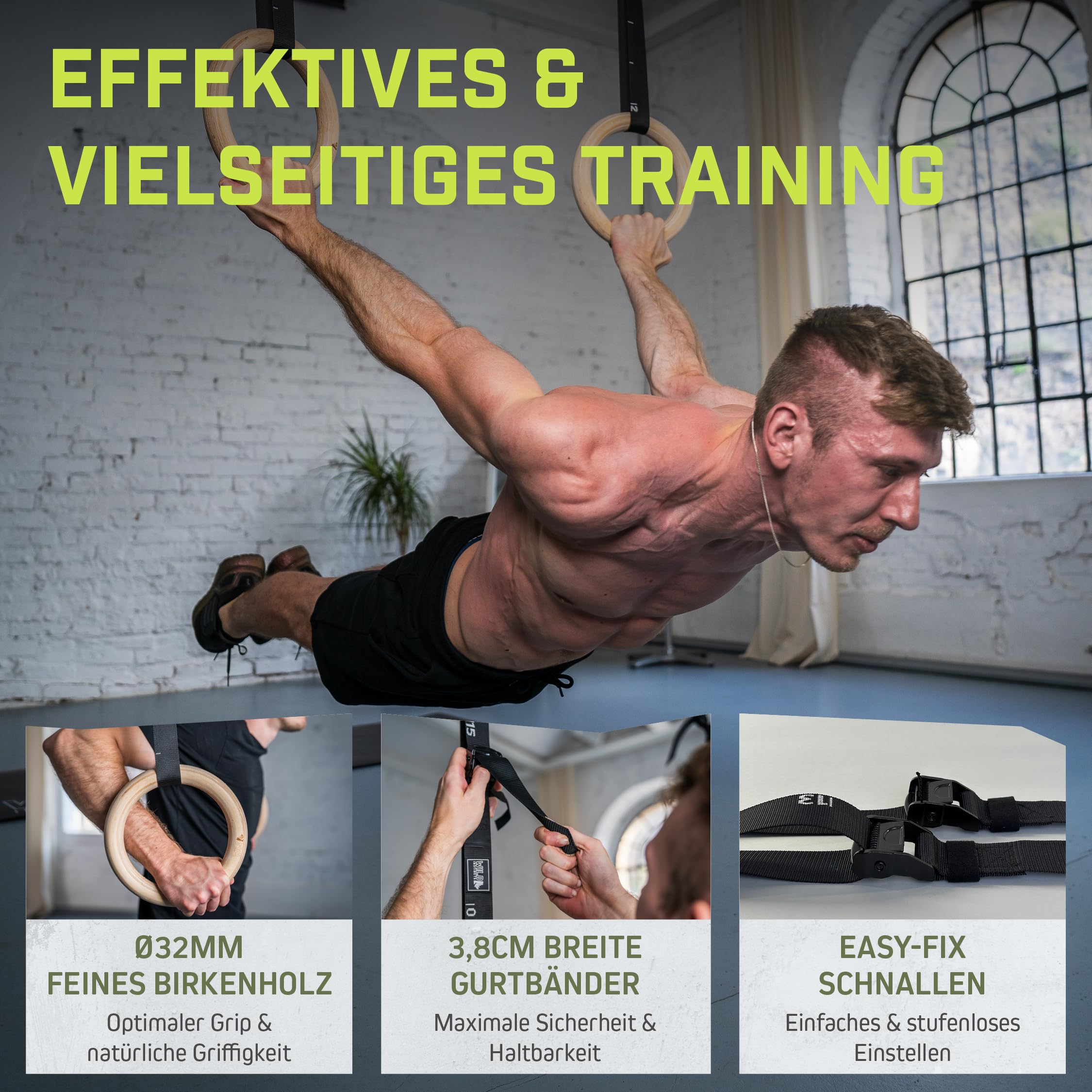 Wild Instincts Premium Turnringe Holz 32mm mit WebApp - Trainingsringe mit 5m Gurtbändern inkl. Case - Gymnastikringe zum Turnen - Calisthenics Ringe - Gymnastic Rings